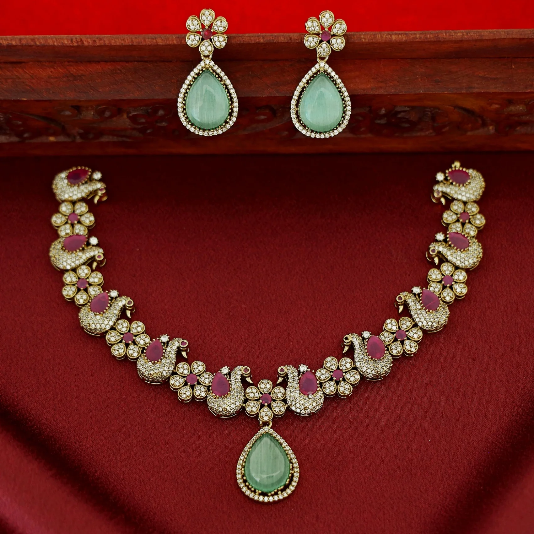 Premium Shanaya AD Stone Glossy Swan Drop Short Neckpiece With Earring - Image 3