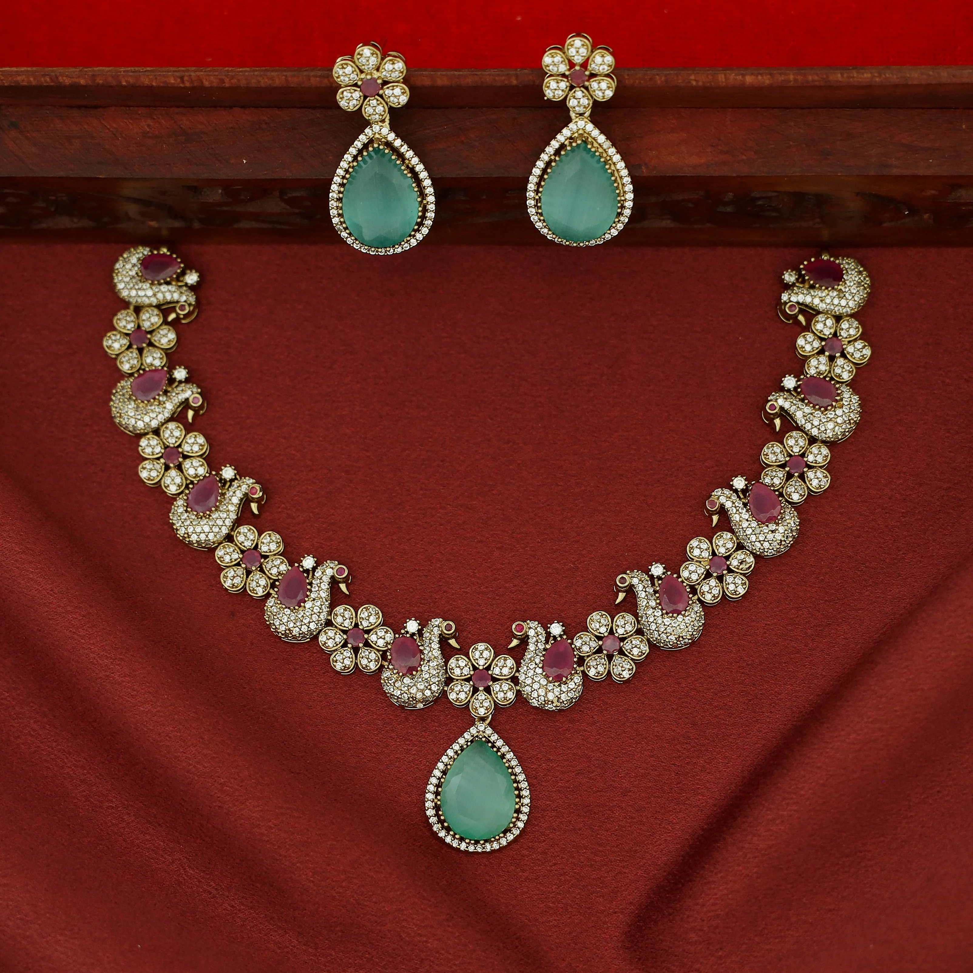 Premium Shanaya AD Stone Glossy Swan Drop Short Neckpiece With Earring - Image 4