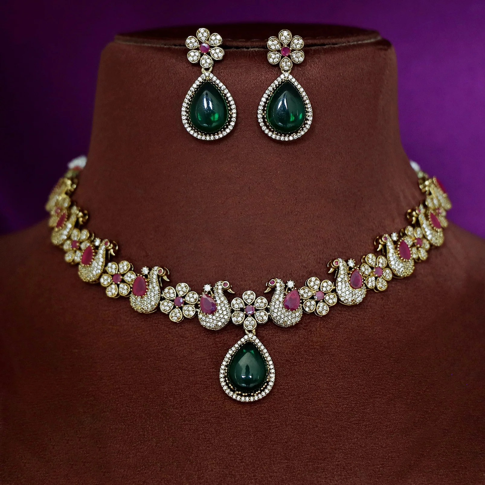 Premium Shanaya AD Stone Glossy Swan Drop Short Neckpiece With Earring - Image 5