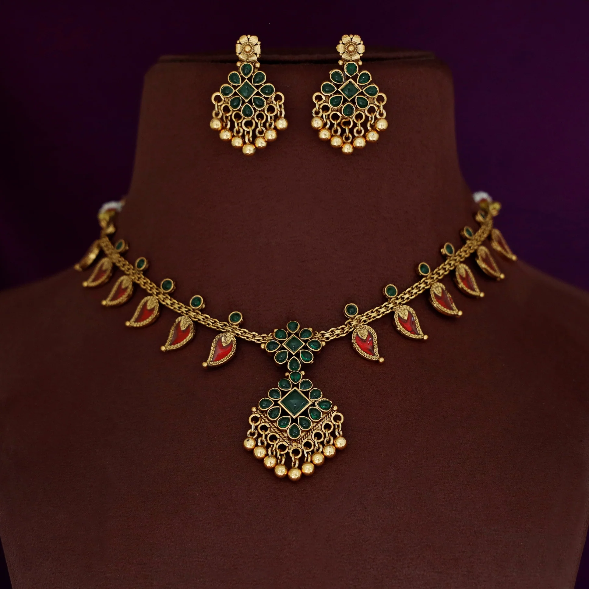 Sharini Mango Floral Golden Ball Neckpiece With Earring - Image 5