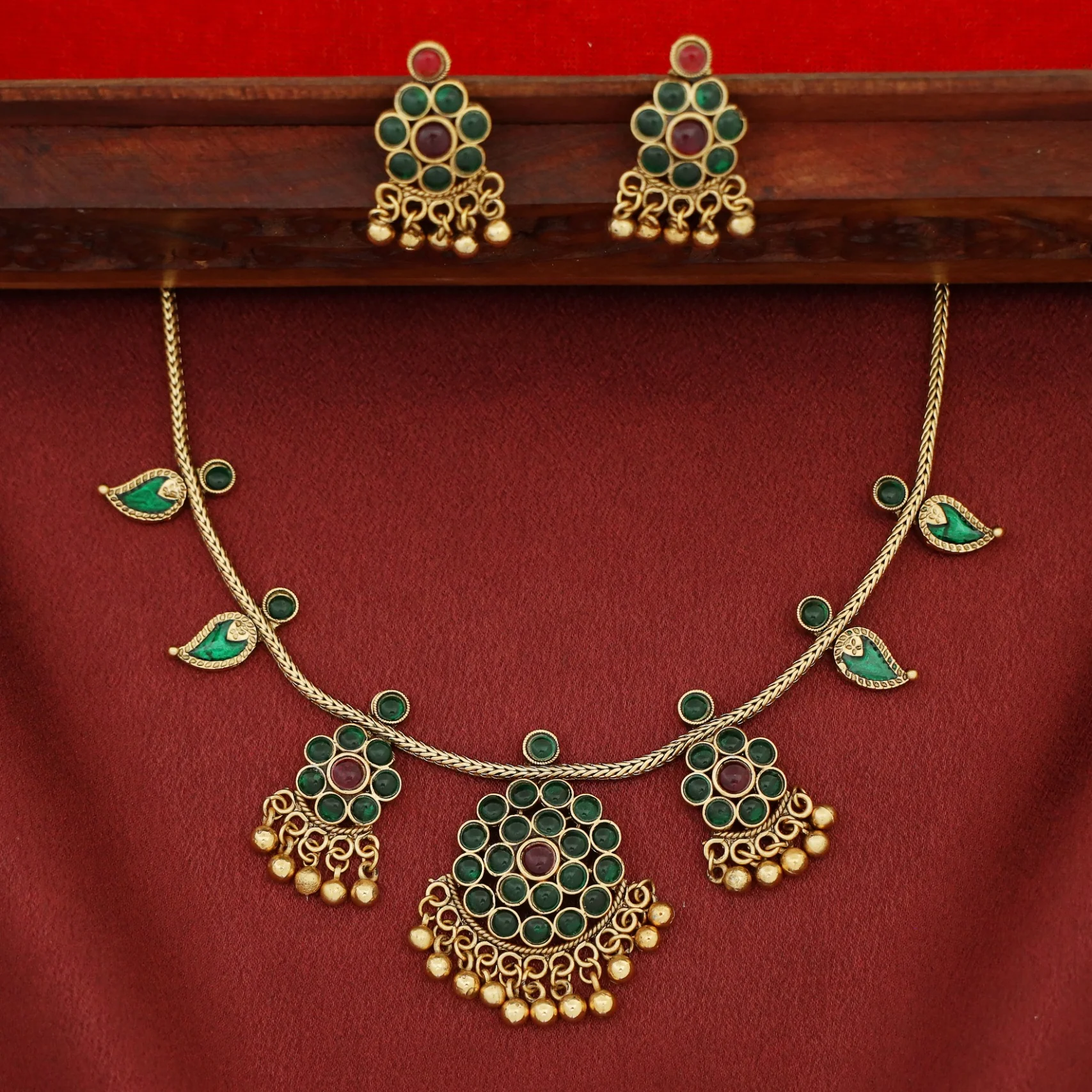 Sharini Tri Flower + Mango Golden Ball Neckpiece With Earring - Image 2