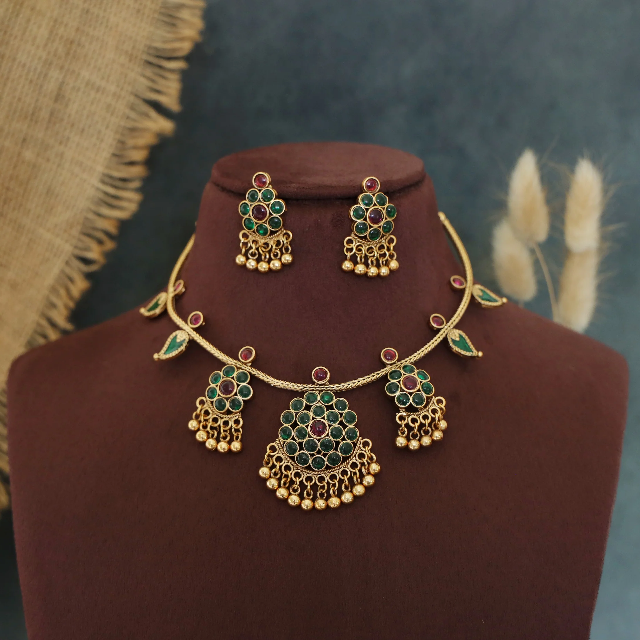 Sharini Tri Flower + Mango Golden Ball Neckpiece With Earring - Image 3