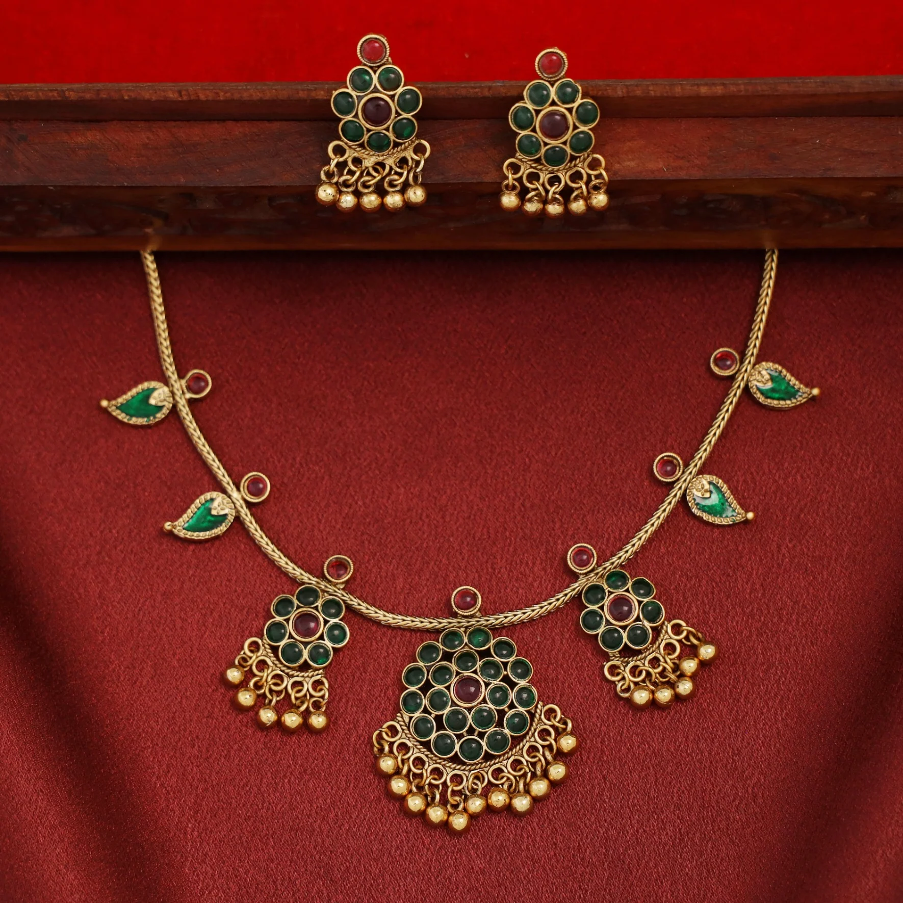 Sharini Tri Flower + Mango Golden Ball Neckpiece With Earring - Image 4