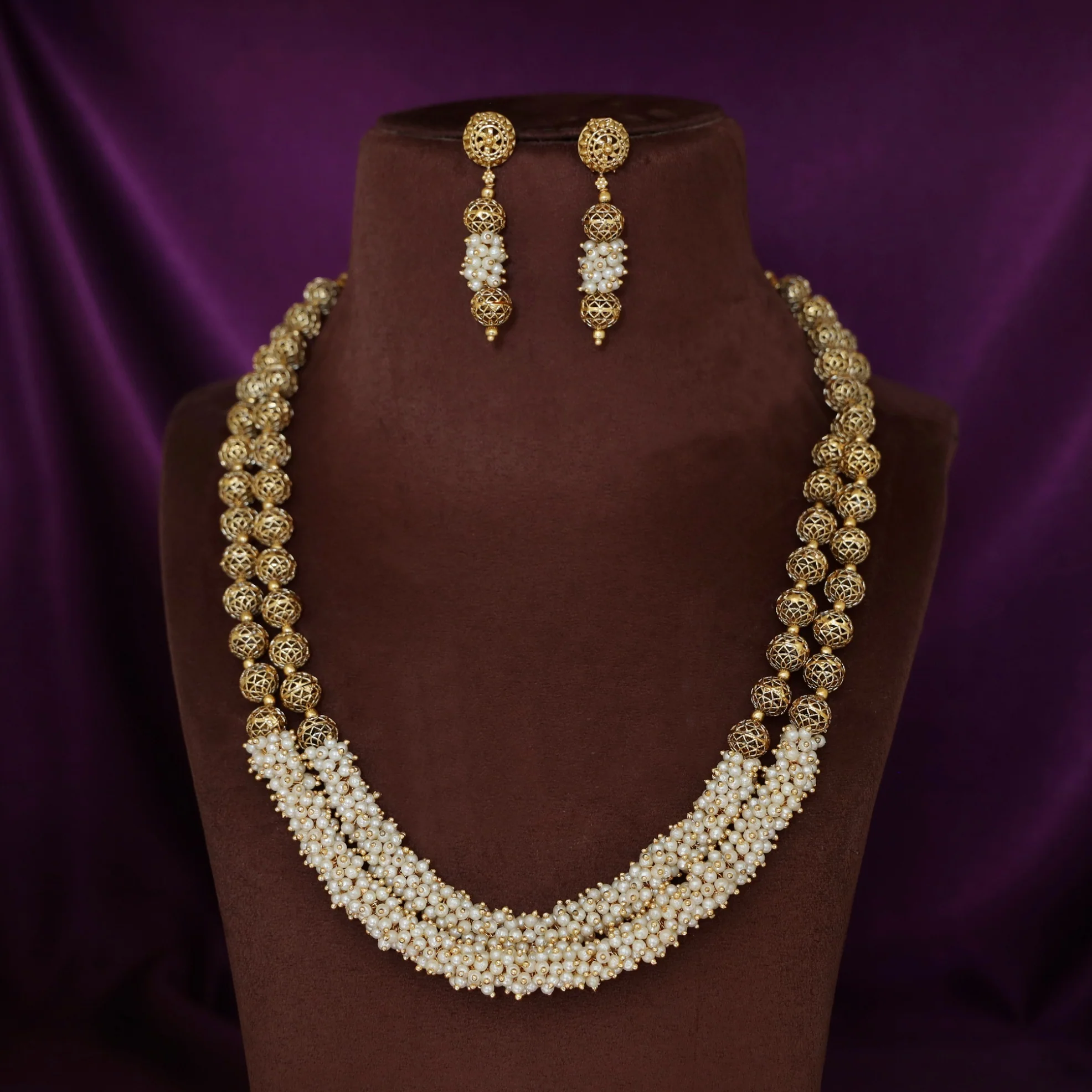 Sheba Golden Ball 2 Layer Cluster Pearl Neckpiece With Earring - Image 2