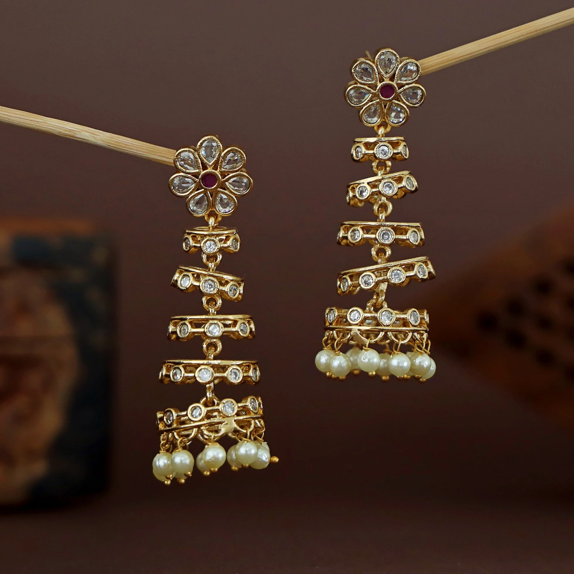 Shivanya Golden 5 Layer Pearl Earring - Image 4