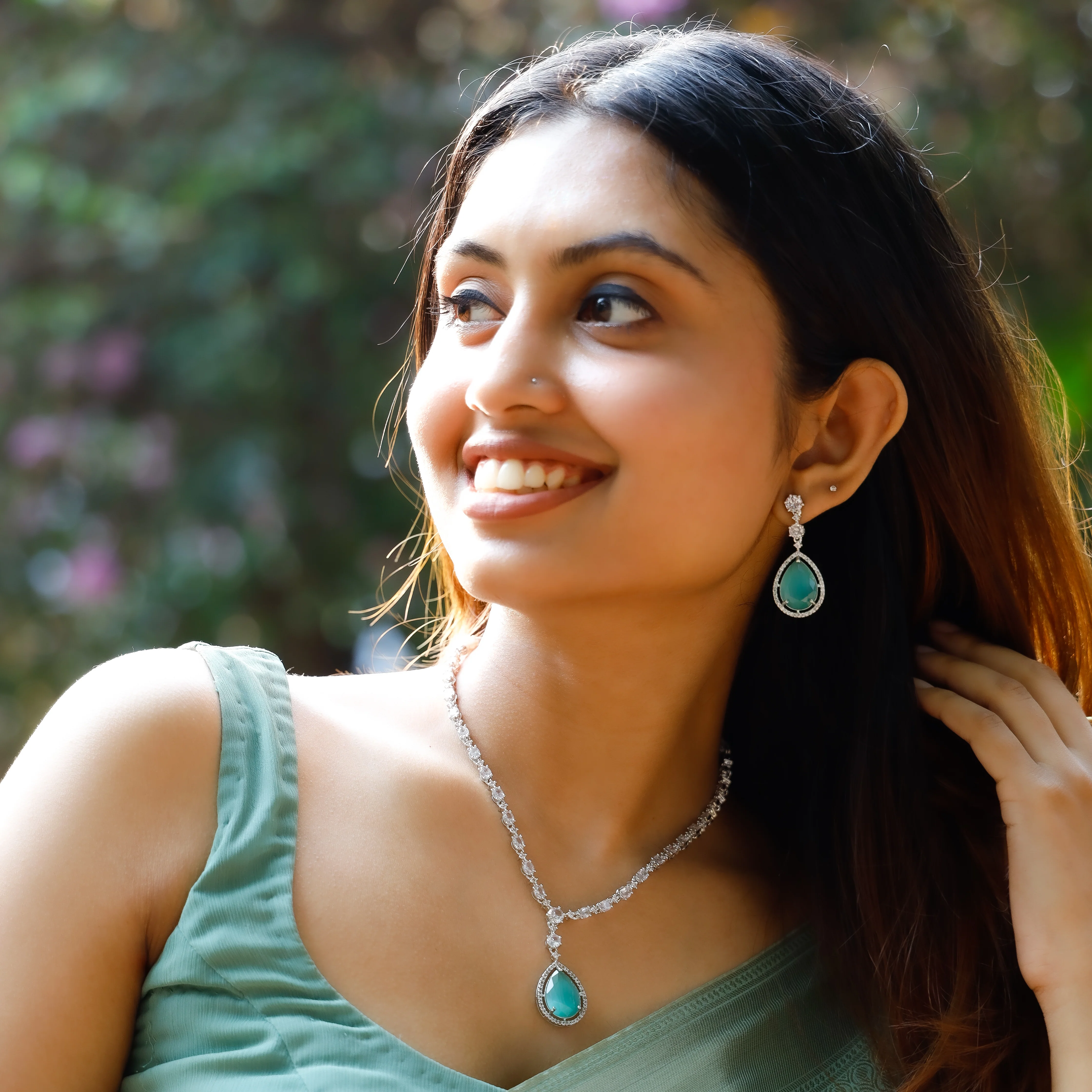 Silver Mirielle AD Glossy Drop Neckpiece With Earring - Image 10