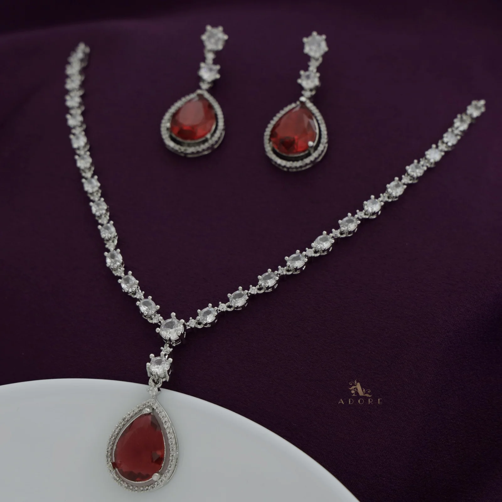 Silver Mirielle AD Glossy Drop Neckpiece With Earring - Image 11