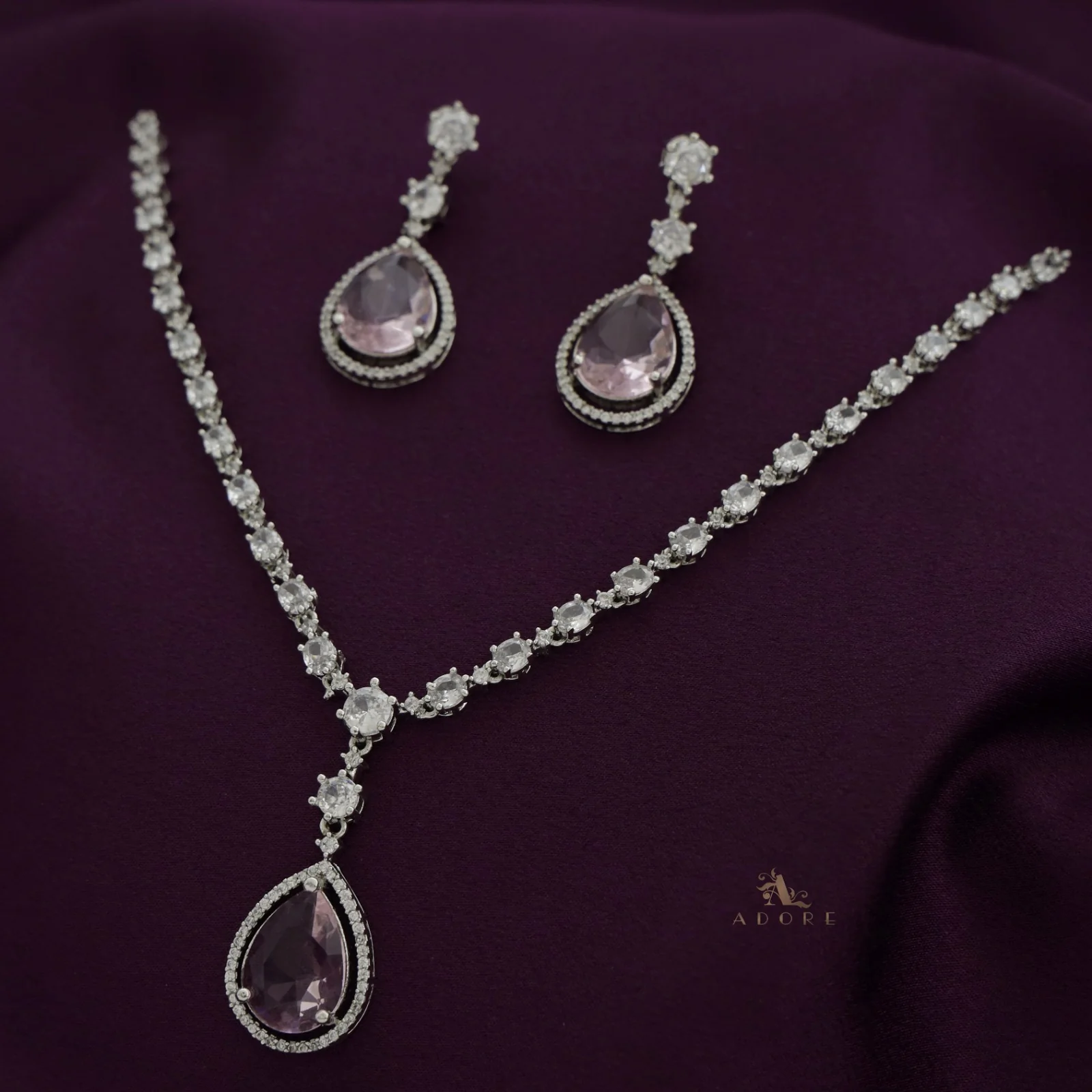 Silver Mirielle AD Glossy Drop Neckpiece With Earring - Image 12