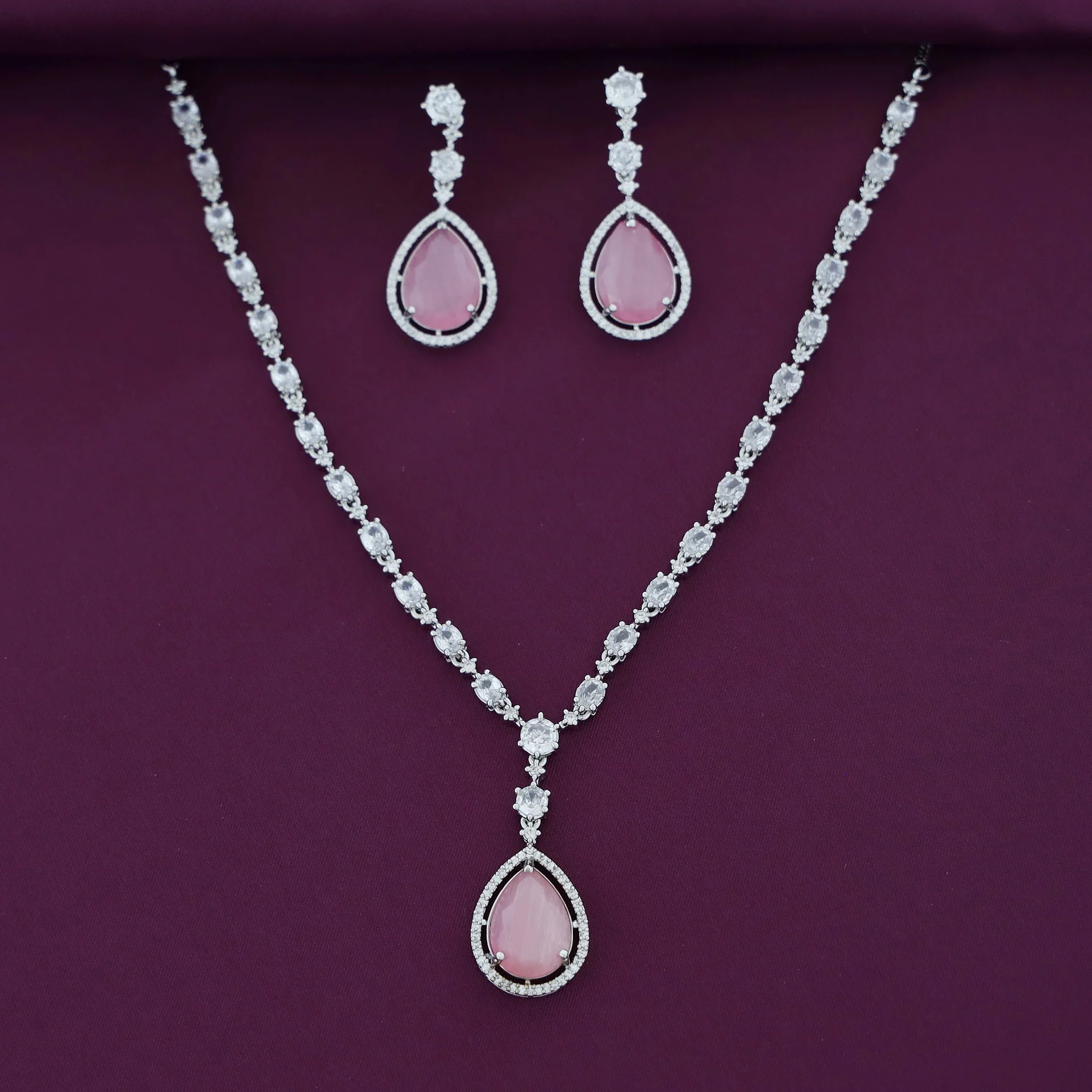 Silver Mirielle AD Glossy Drop Neckpiece With Earring - Image 6