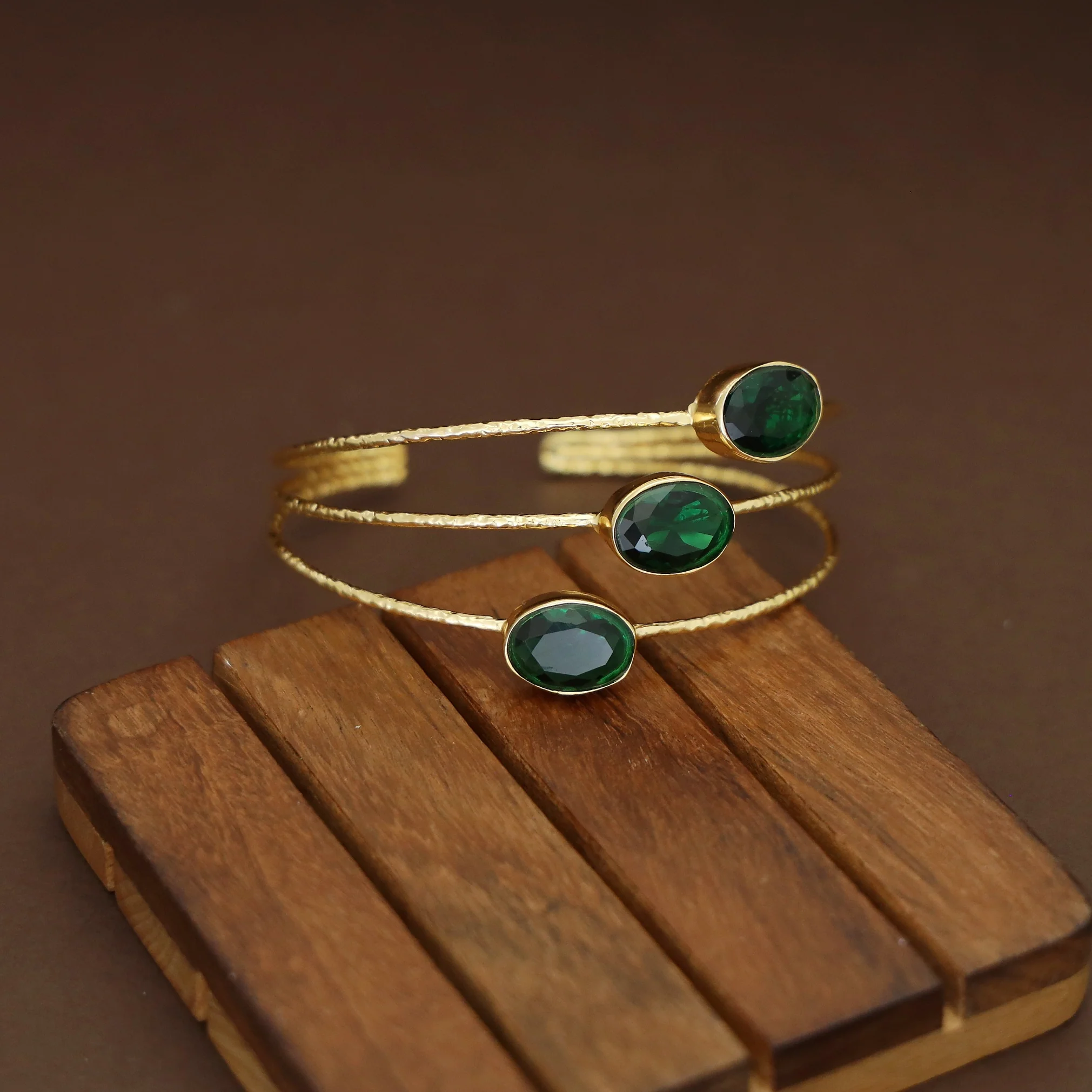 Golden 3 Layer Tri Oval Natural + Glossy Stone Bangle - Image 2
