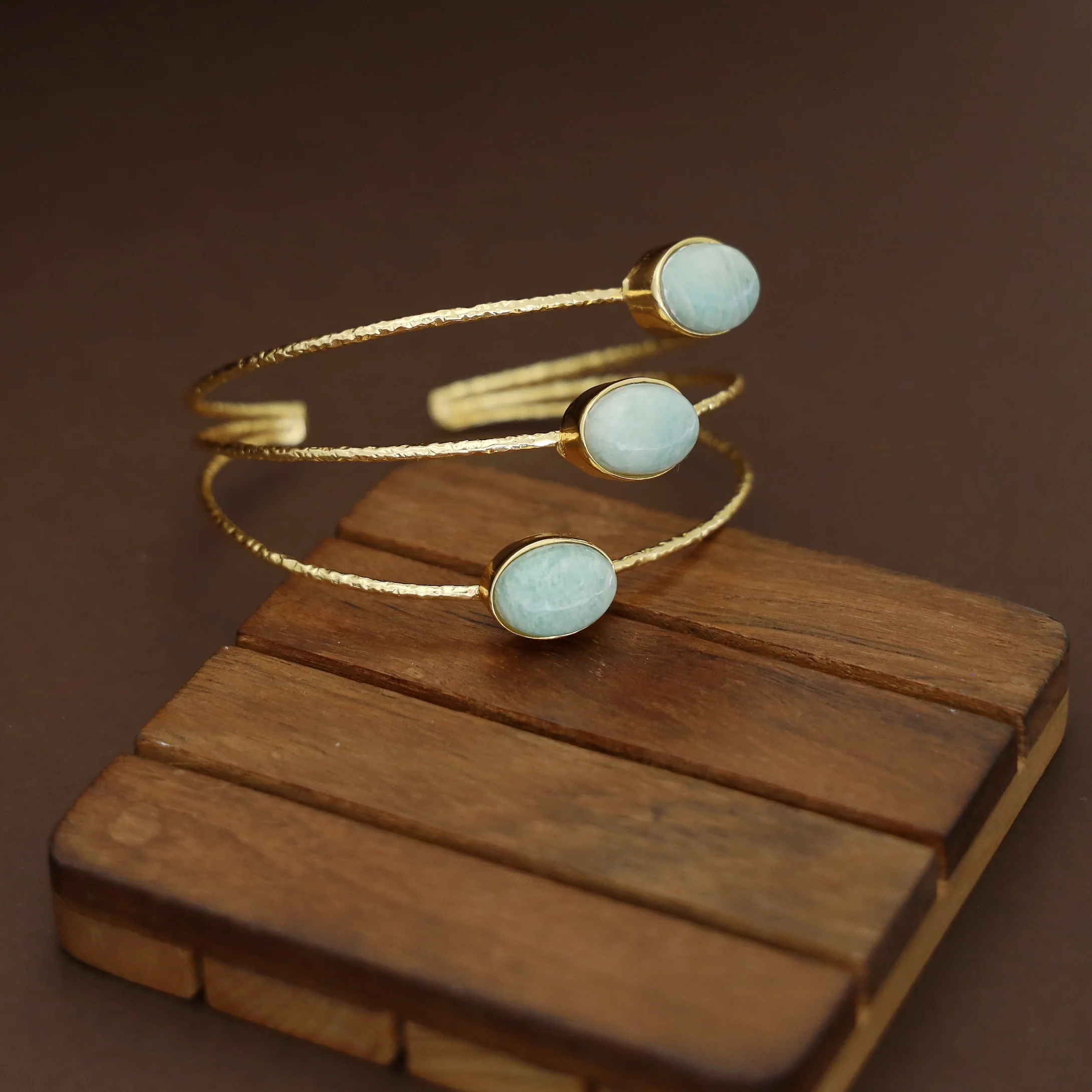 Golden 3 Layer Tri Oval Natural + Glossy Stone Bangle - Image 3