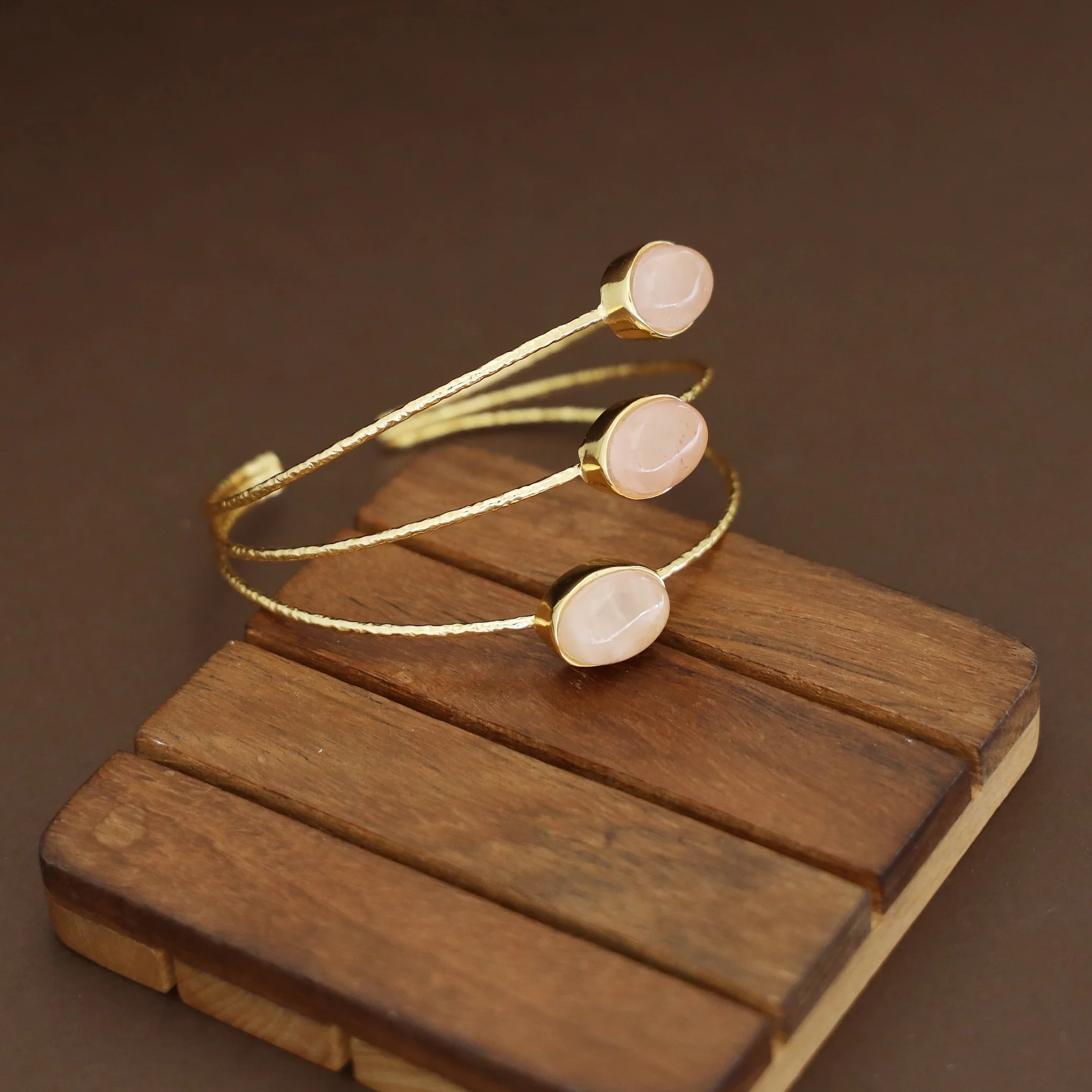 Golden 3 Layer Tri Oval Natural + Glossy Stone Bangle - Image 4