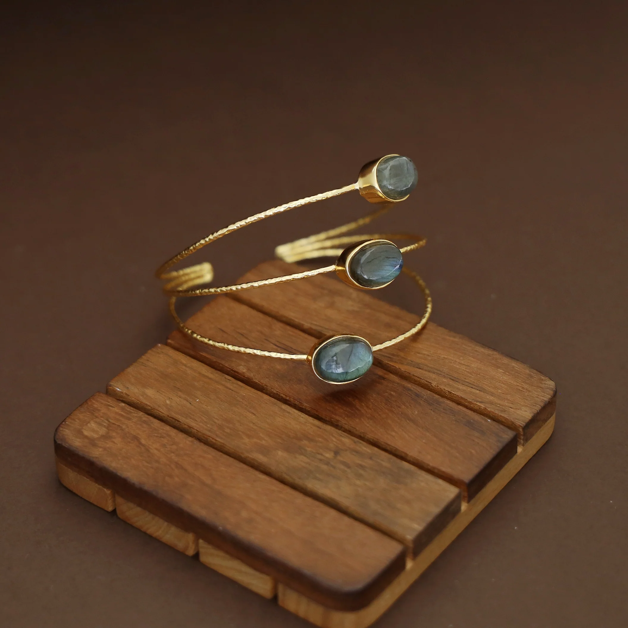 Golden 3 Layer Tri Oval Natural + Glossy Stone Bangle - Image 5