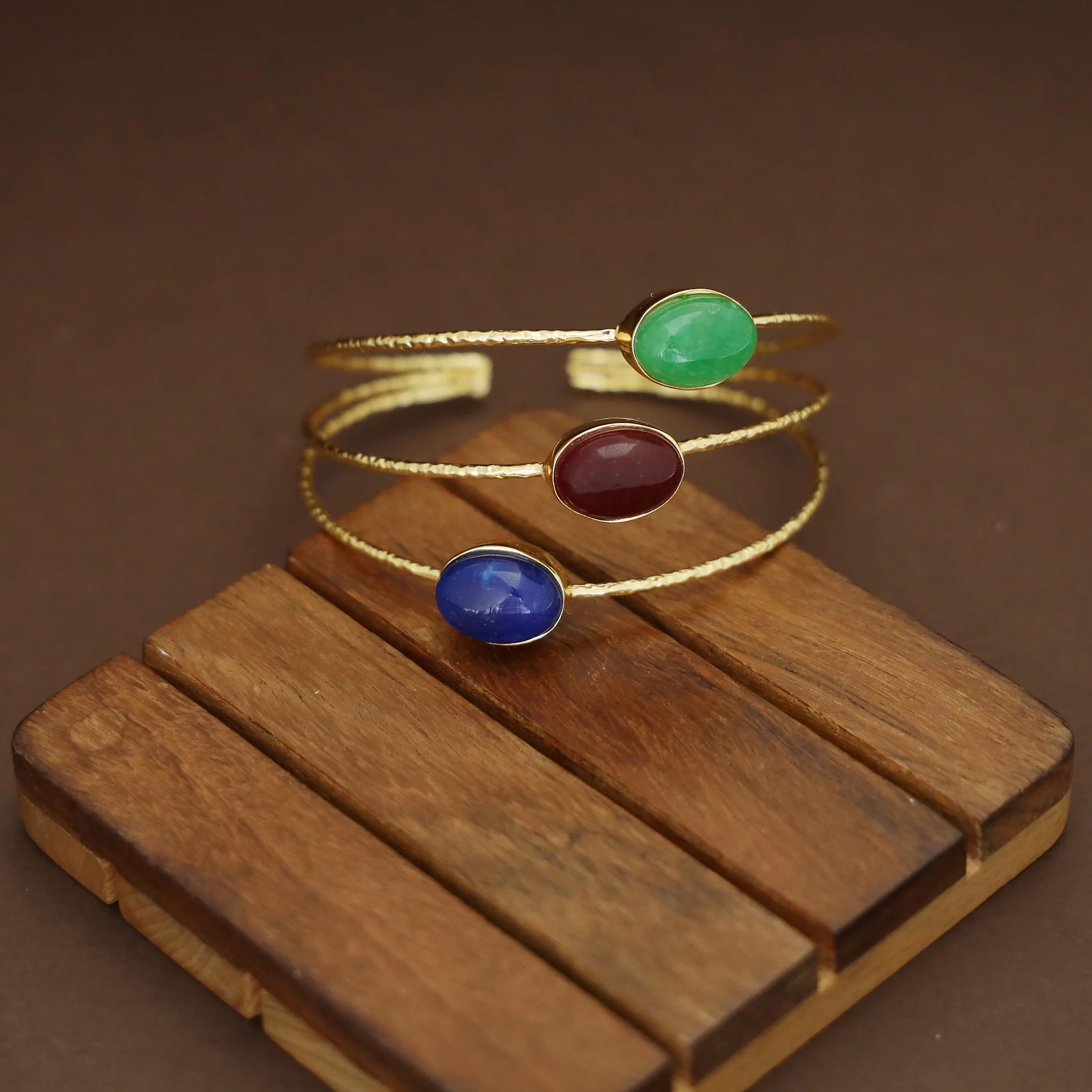 Golden 3 Layer Tri Oval Natural + Glossy Stone Bangle - Image 6