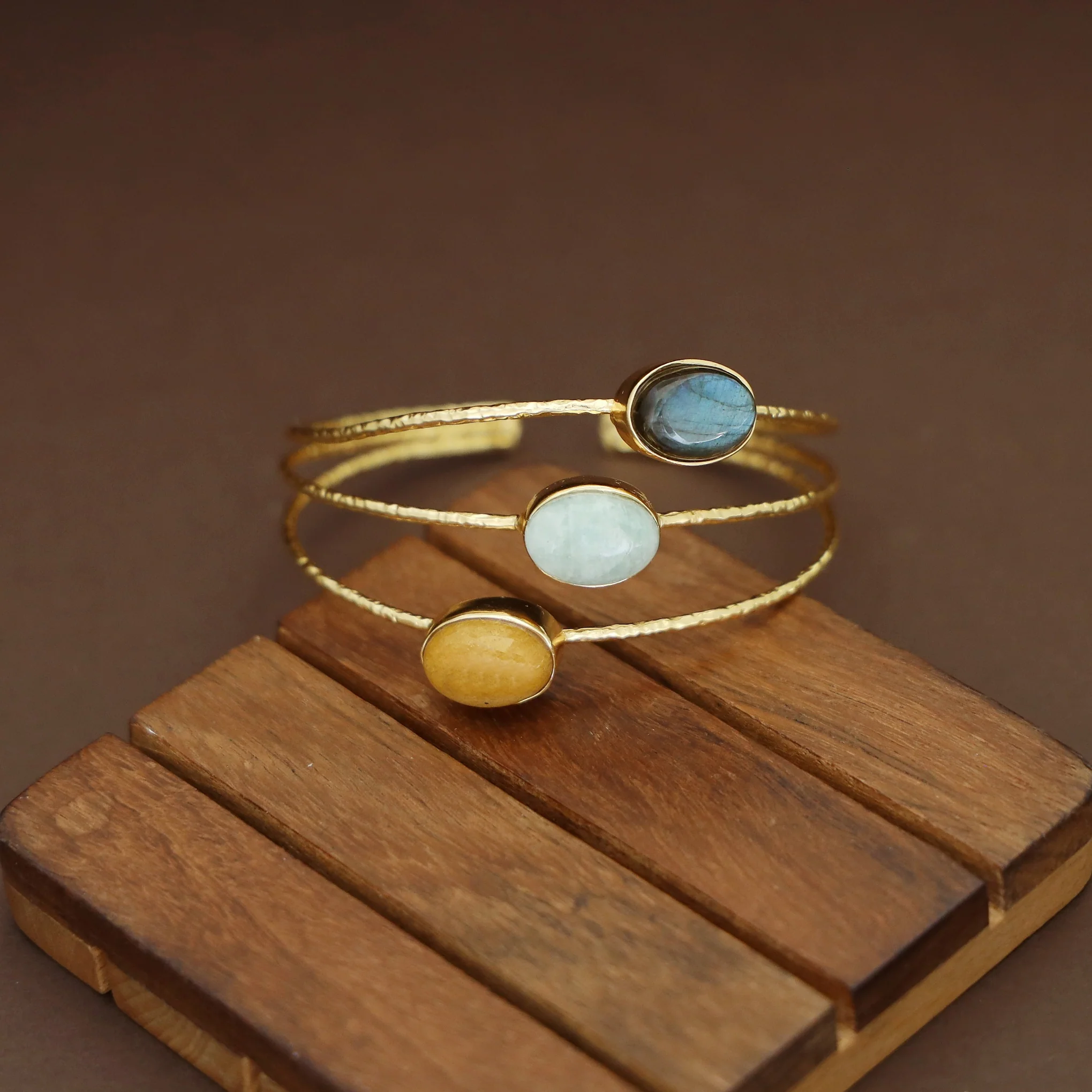 Golden 3 Layer Tri Oval Natural + Glossy Stone Bangle - Image 7