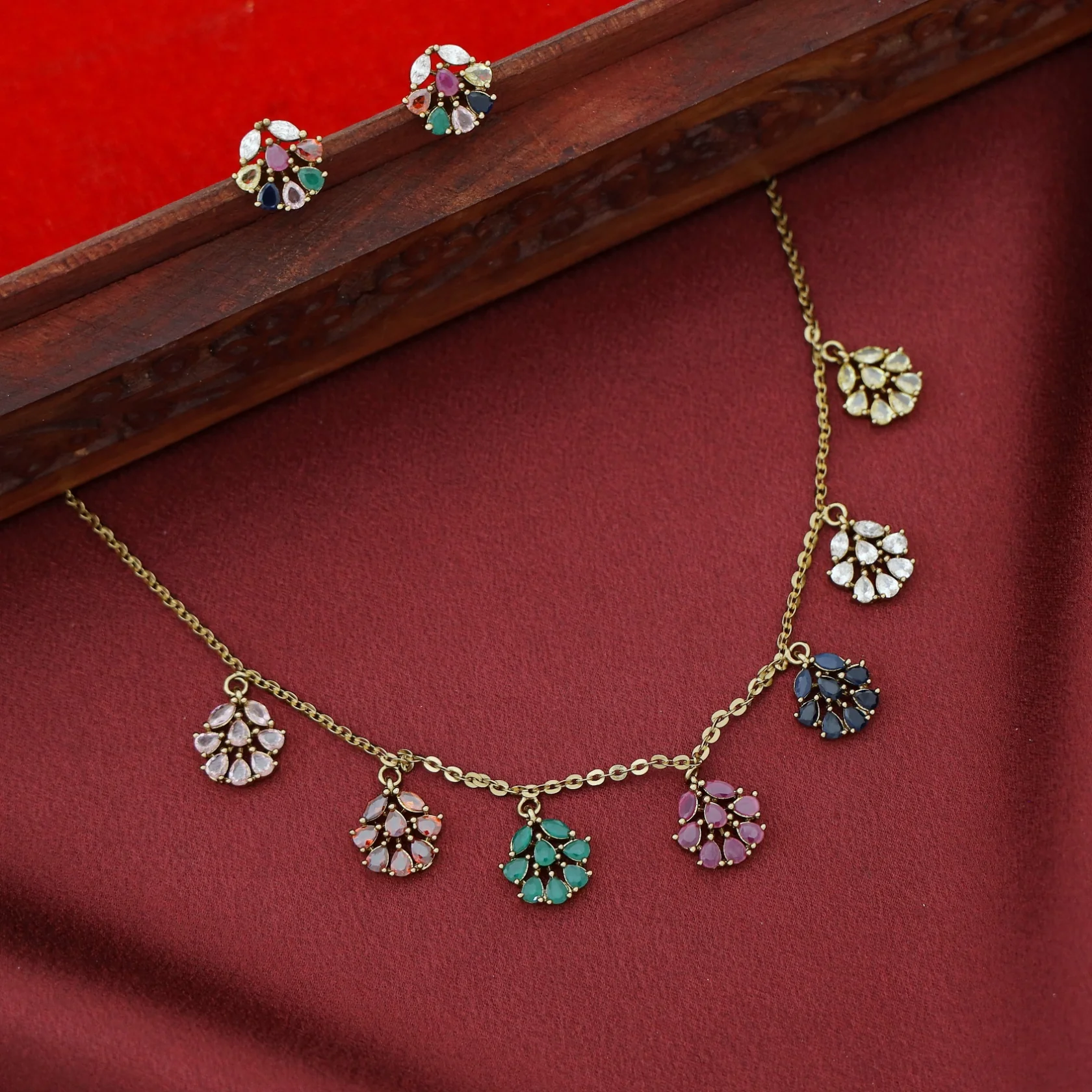 Sredha Multicolour AD Stone Neckpiece With Stud - Image 2