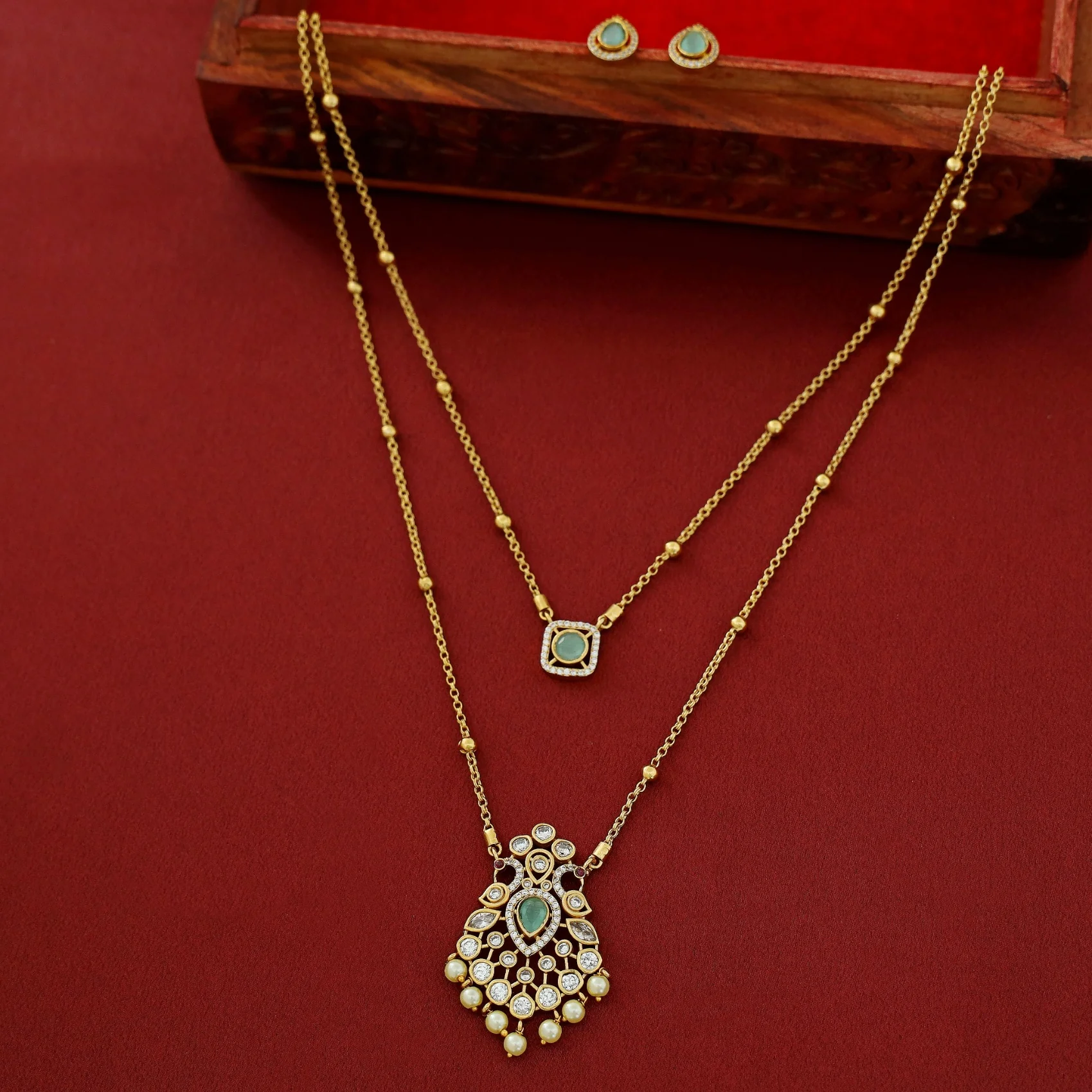 Sriddhi Two Layer Cluster Pearl Neckpiece With Earring - Image 10