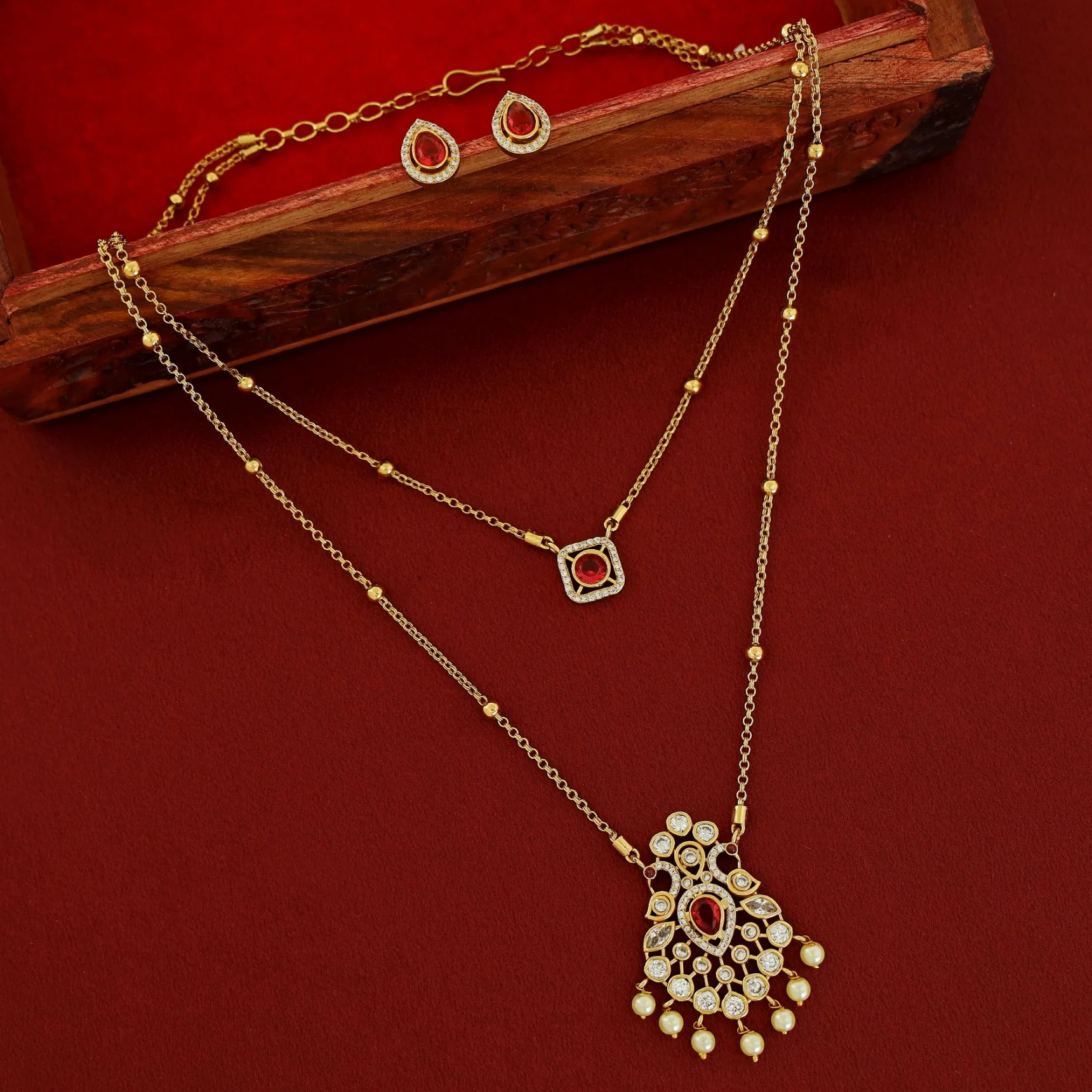 Sriddhi Two Layer Cluster Pearl Neckpiece With Earring - Image 12