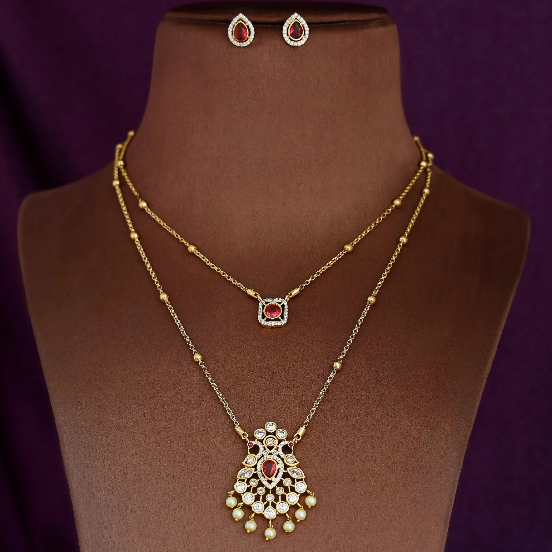 Sriddhi Two Layer Cluster Pearl Neckpiece With Earring - Image 9