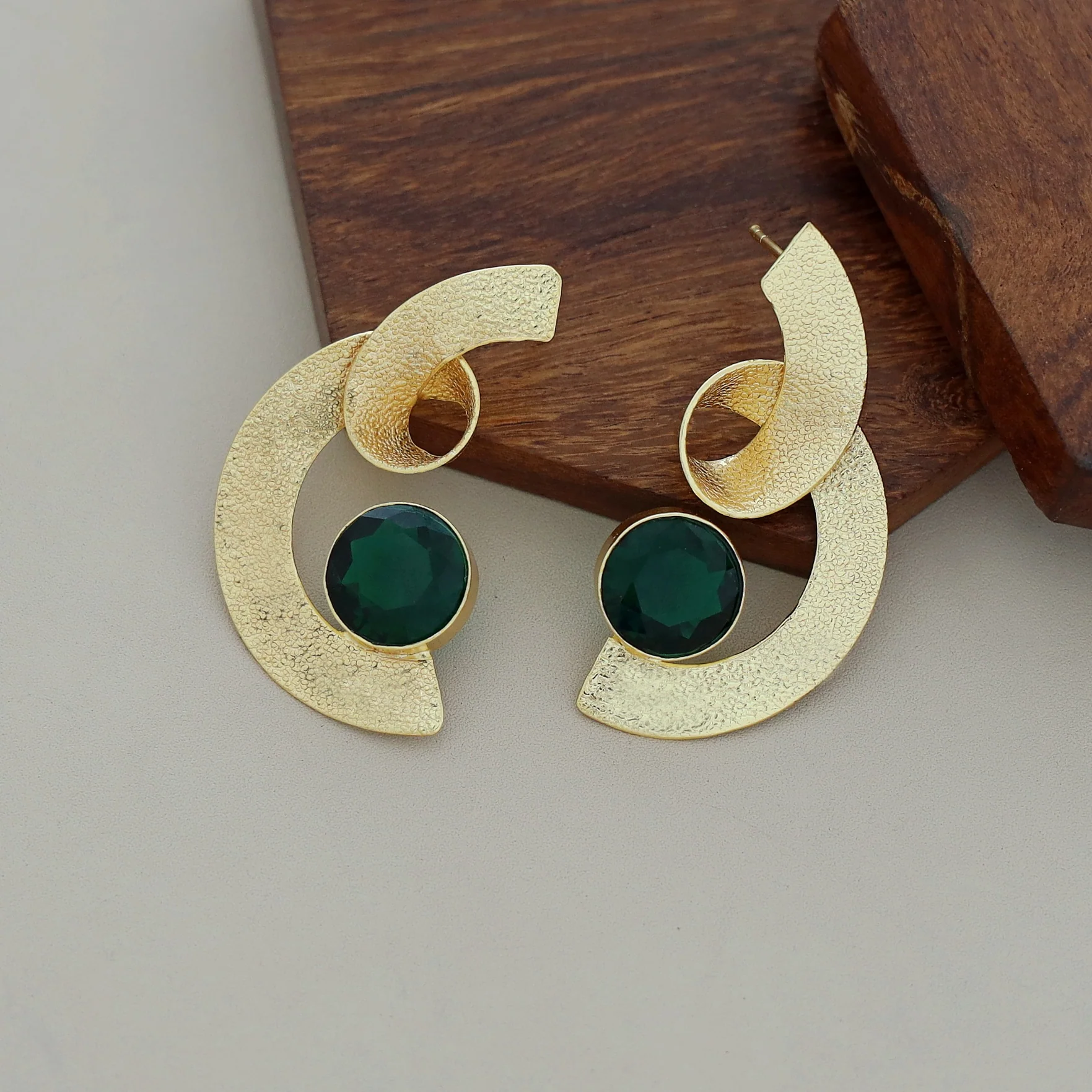 Katalina Golden Textured Glossy Stone Earring - Image 3