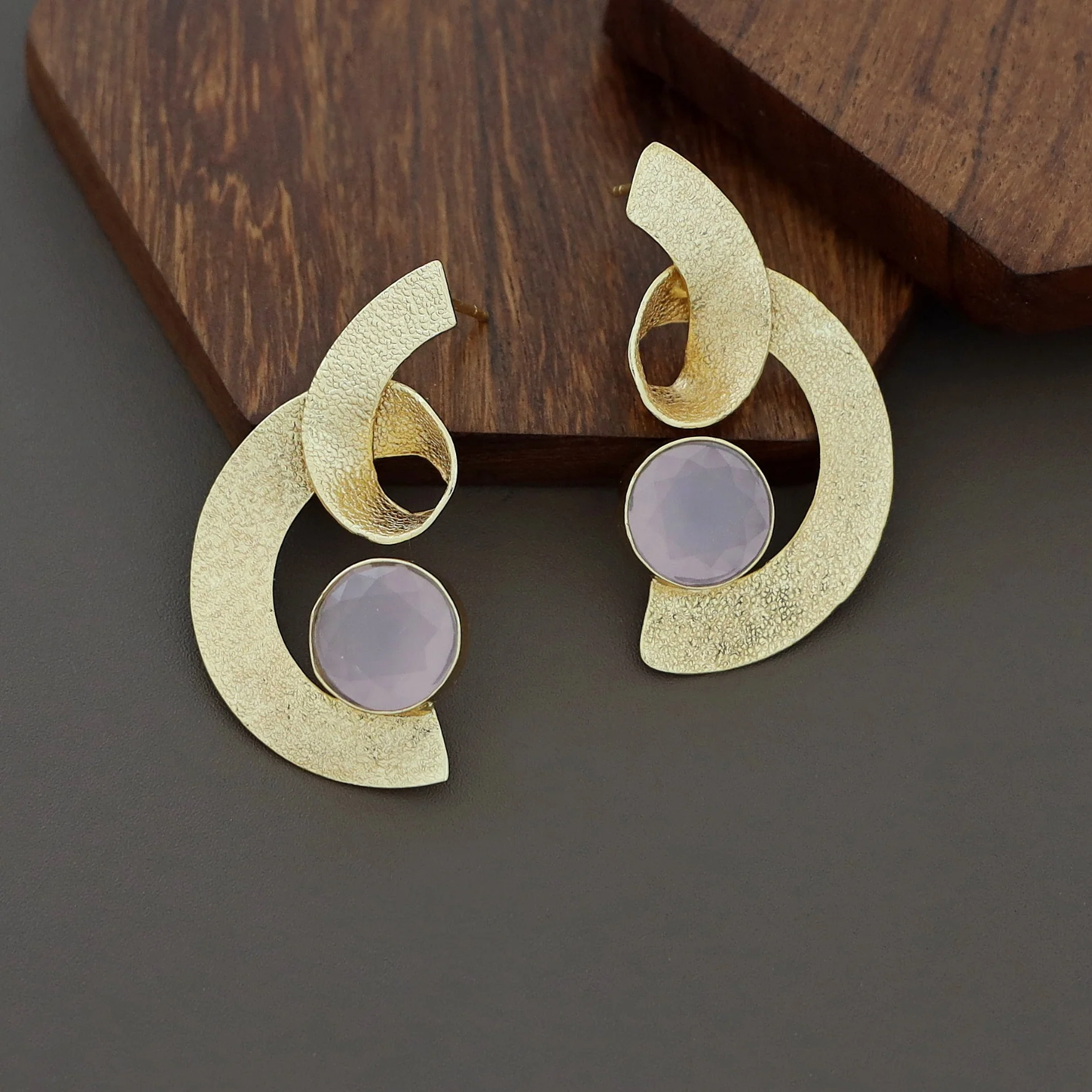 Katalina Golden Textured Glossy Stone Earring - Image 4