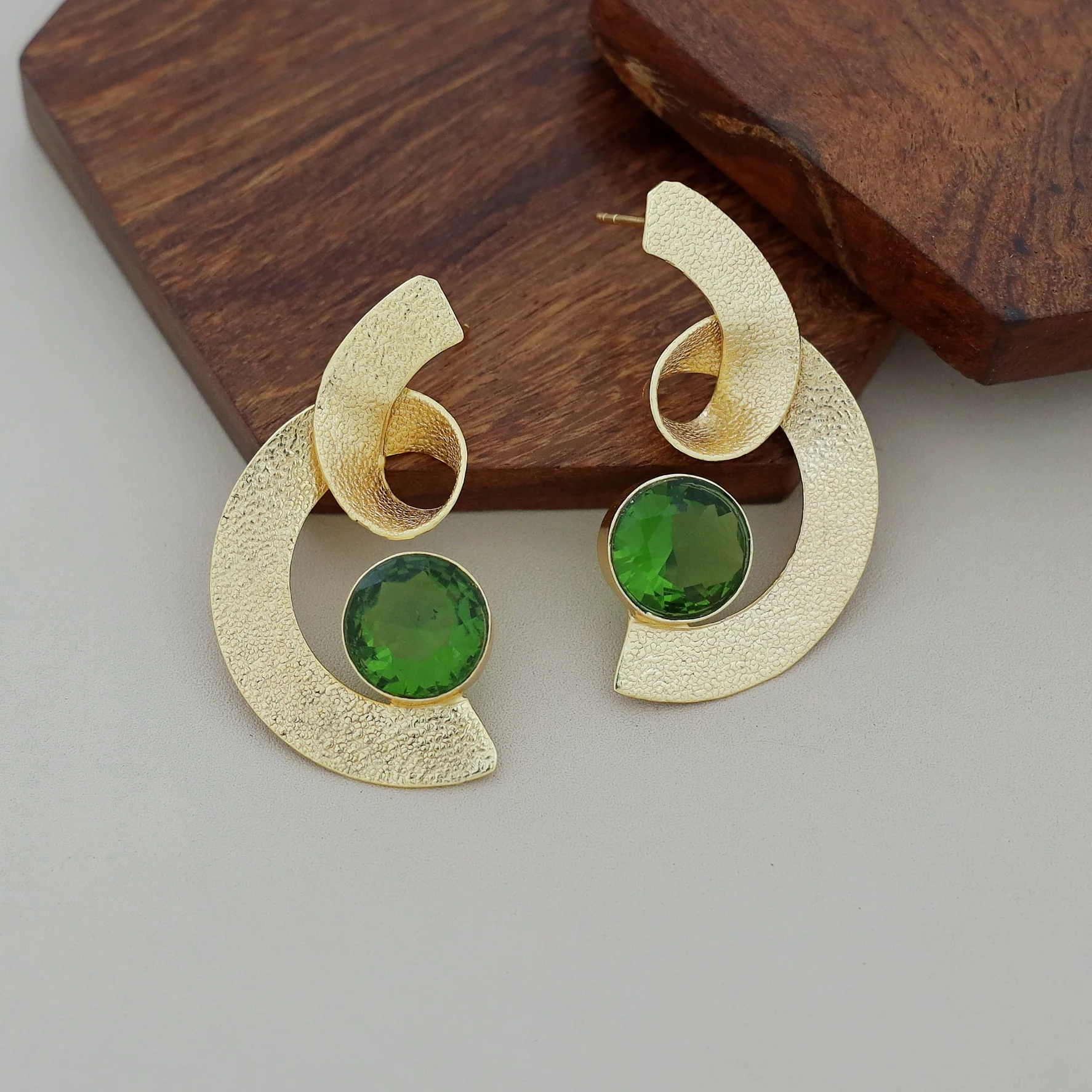 Katalina Golden Textured Glossy Stone Earring - Image 8