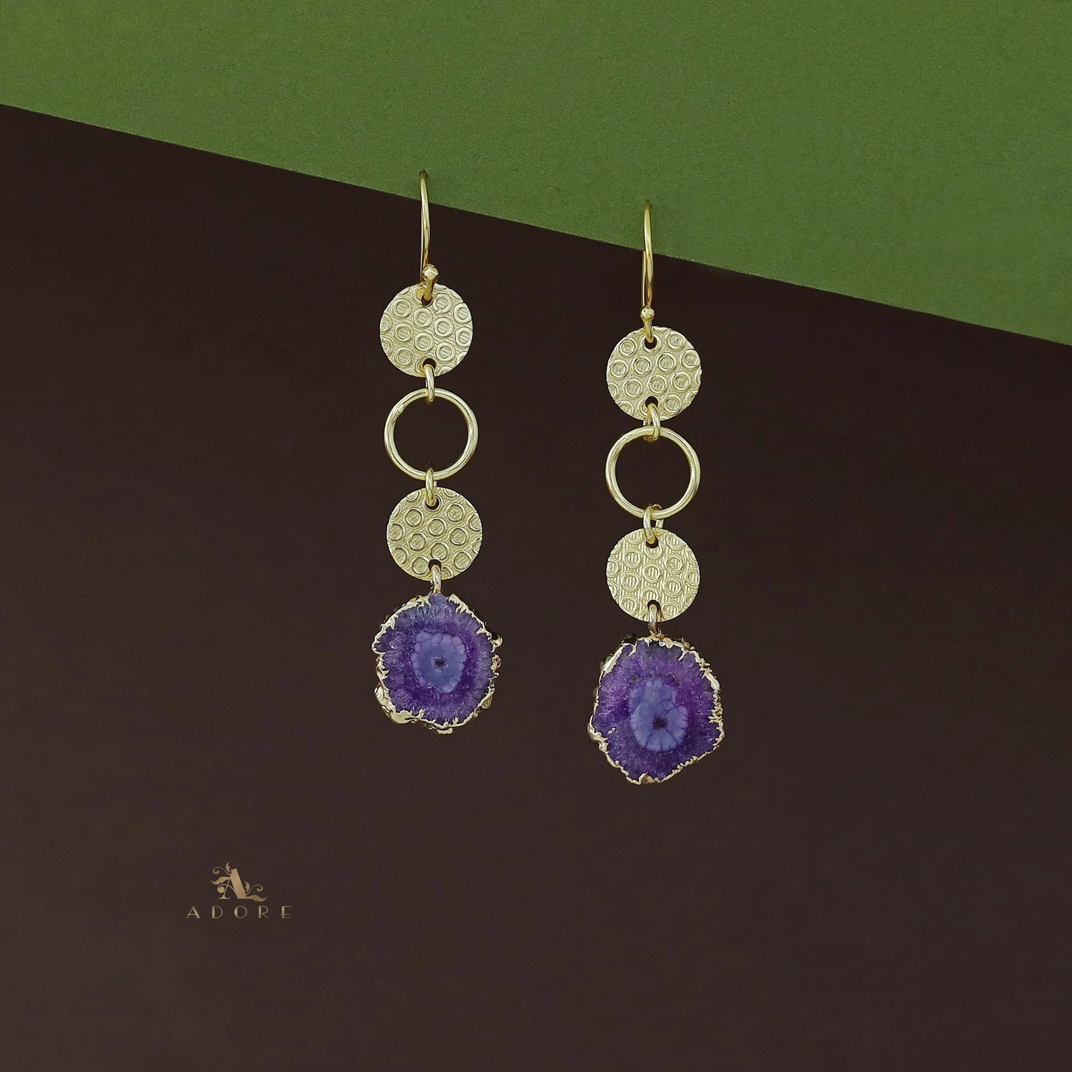 Tabitha Golden Textured Circle Agate Stone  Earring - Image 3