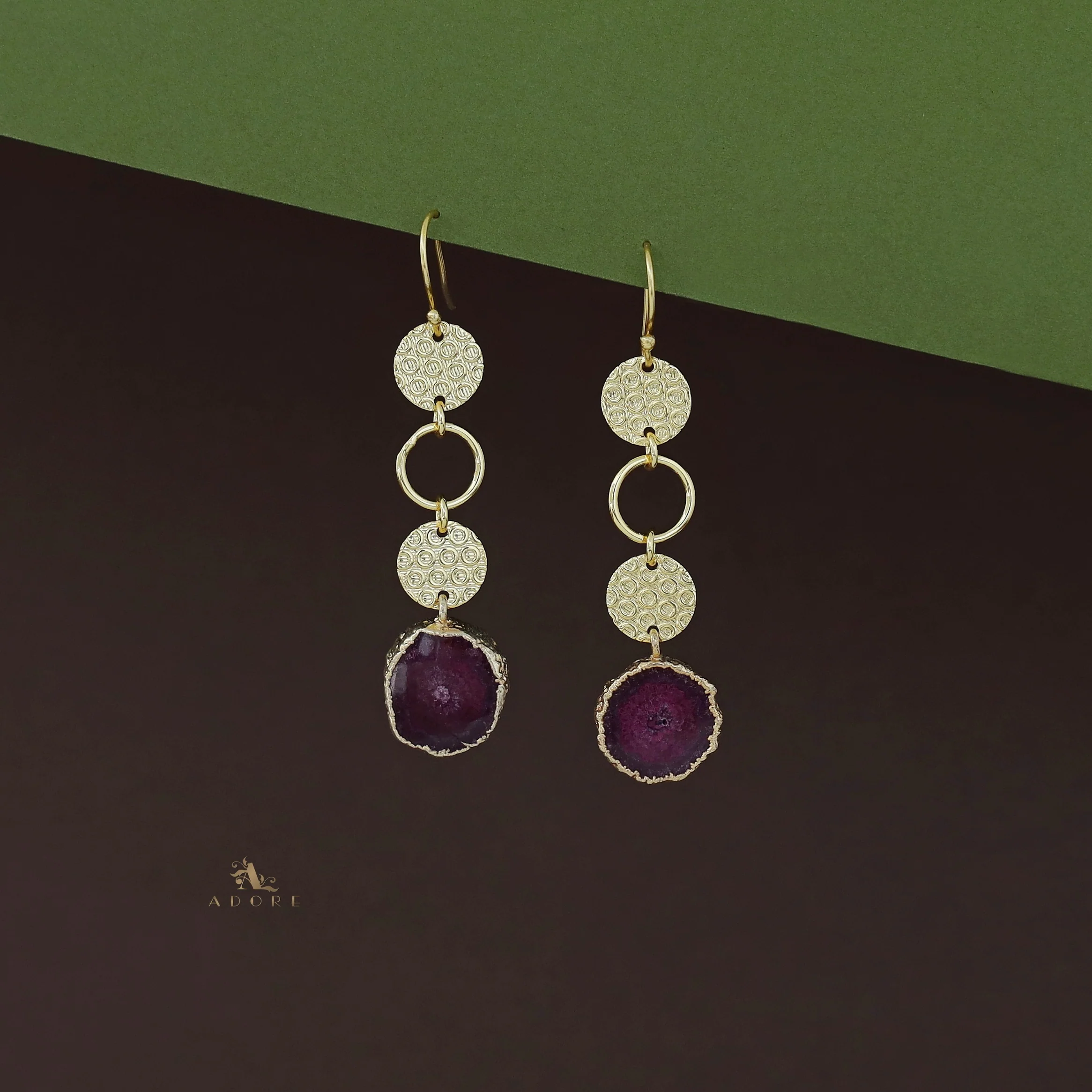 Tabitha Golden Textured Circle Agate Stone  Earring - Image 4
