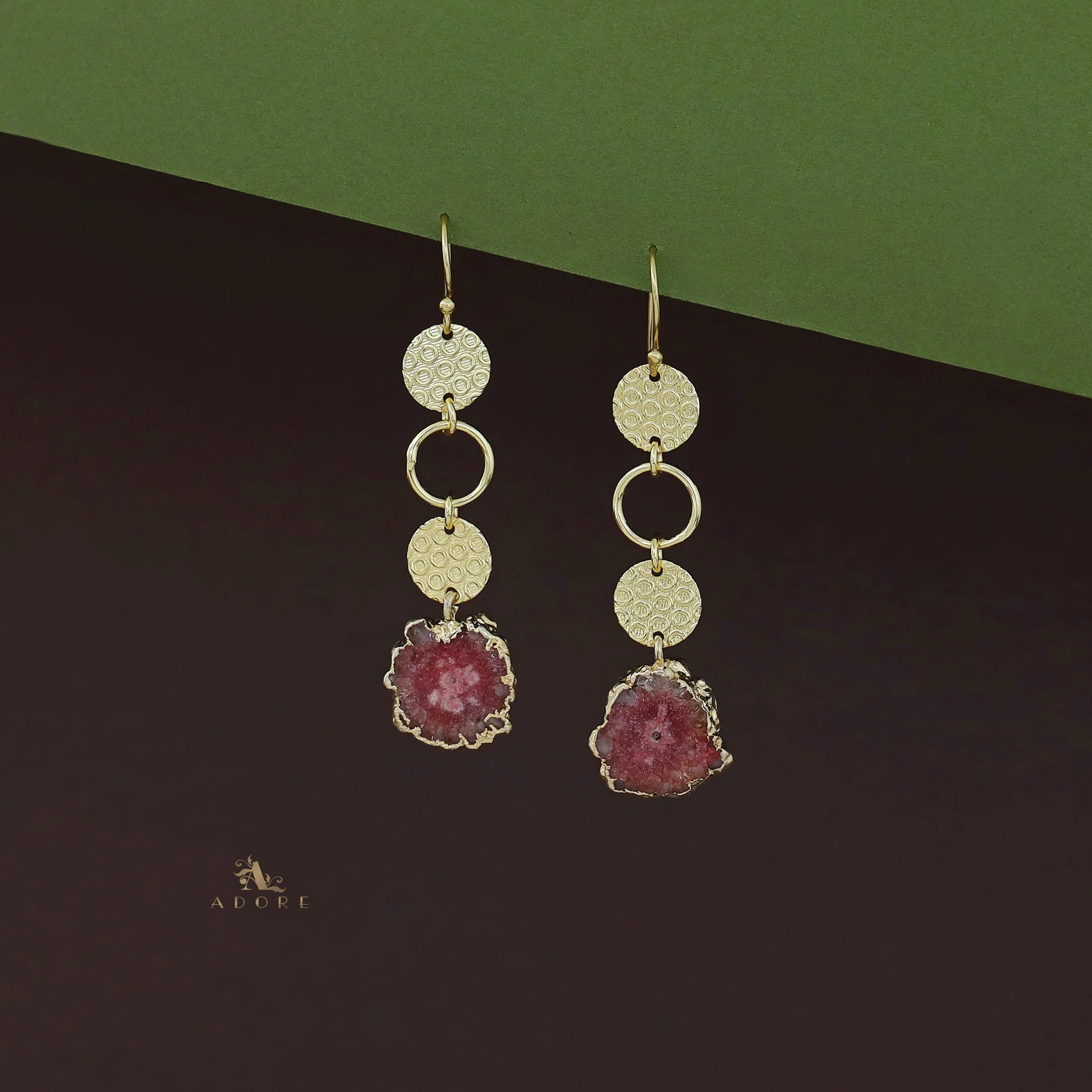 Tabitha Golden Textured Circle Agate Stone  Earring - Image 6