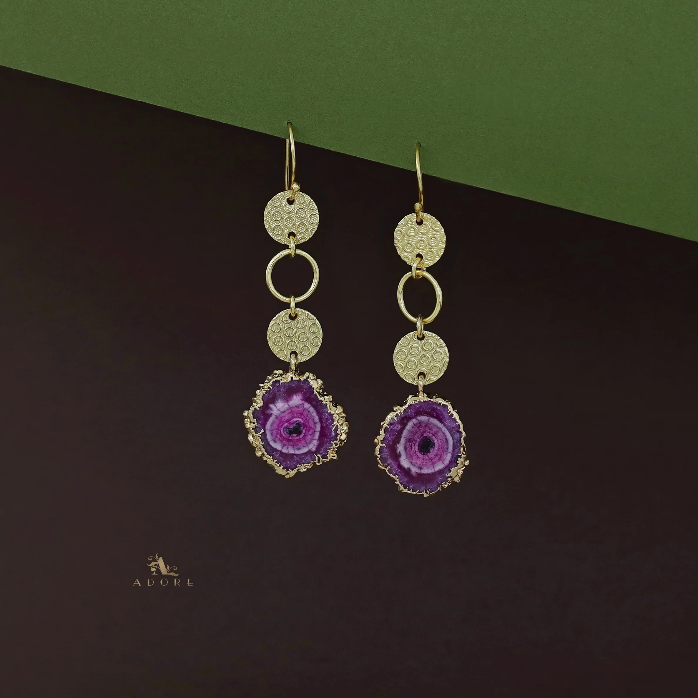 Tabitha Golden Textured Circle Agate Stone  Earring - Image 7
