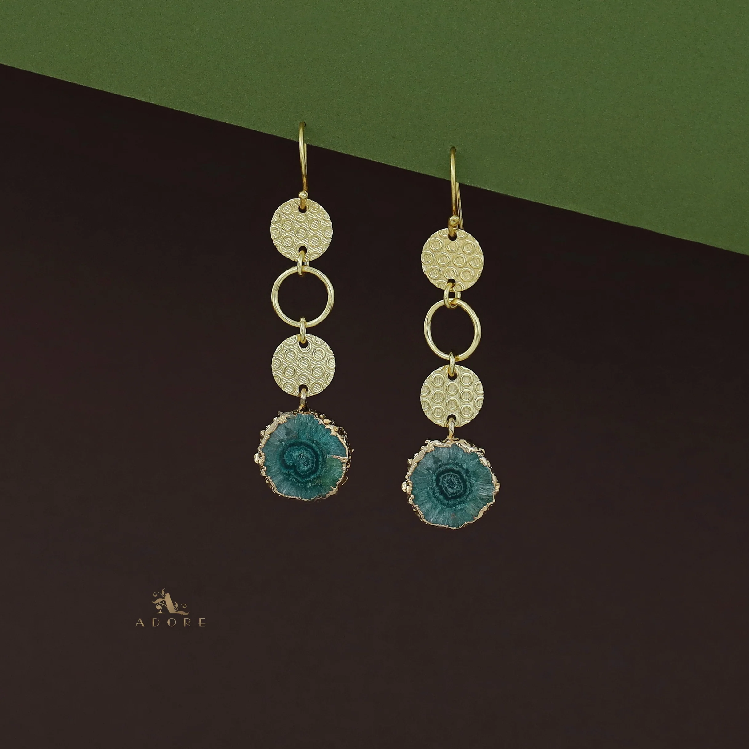 Tabitha Golden Textured Circle Agate Stone  Earring - Image 9