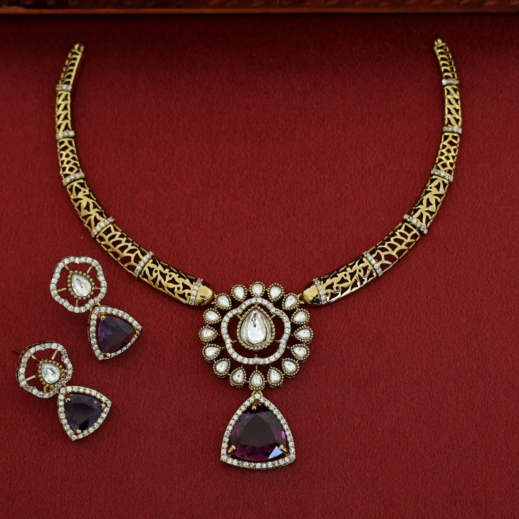 Tanaira AD Stone Stiff Wing Neckpiece With Earring - Image 3