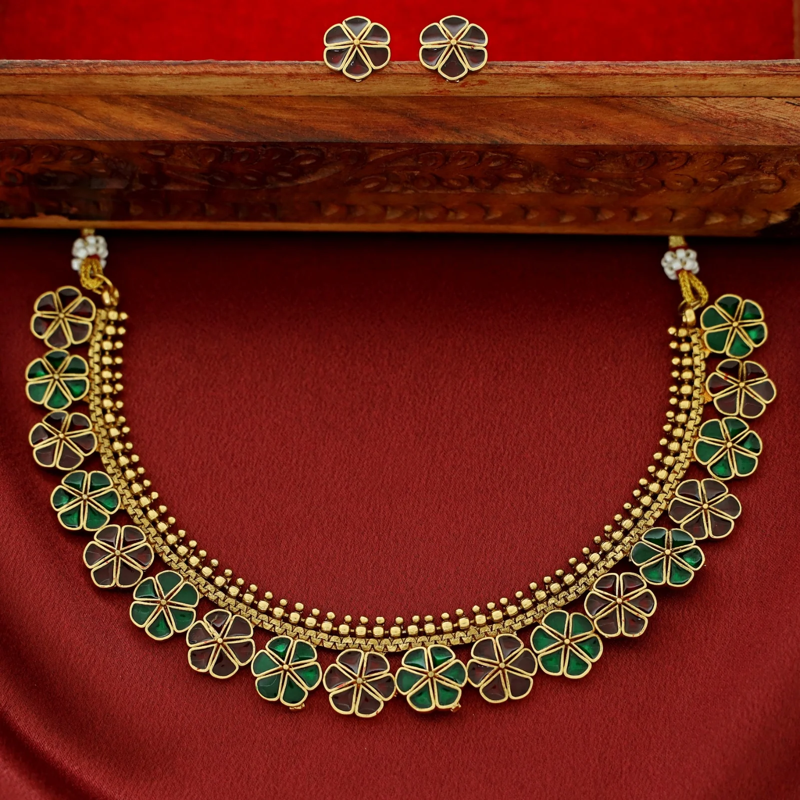 Tanima Golden Enamel Flower Short Neckpiece With Earring - Image 2