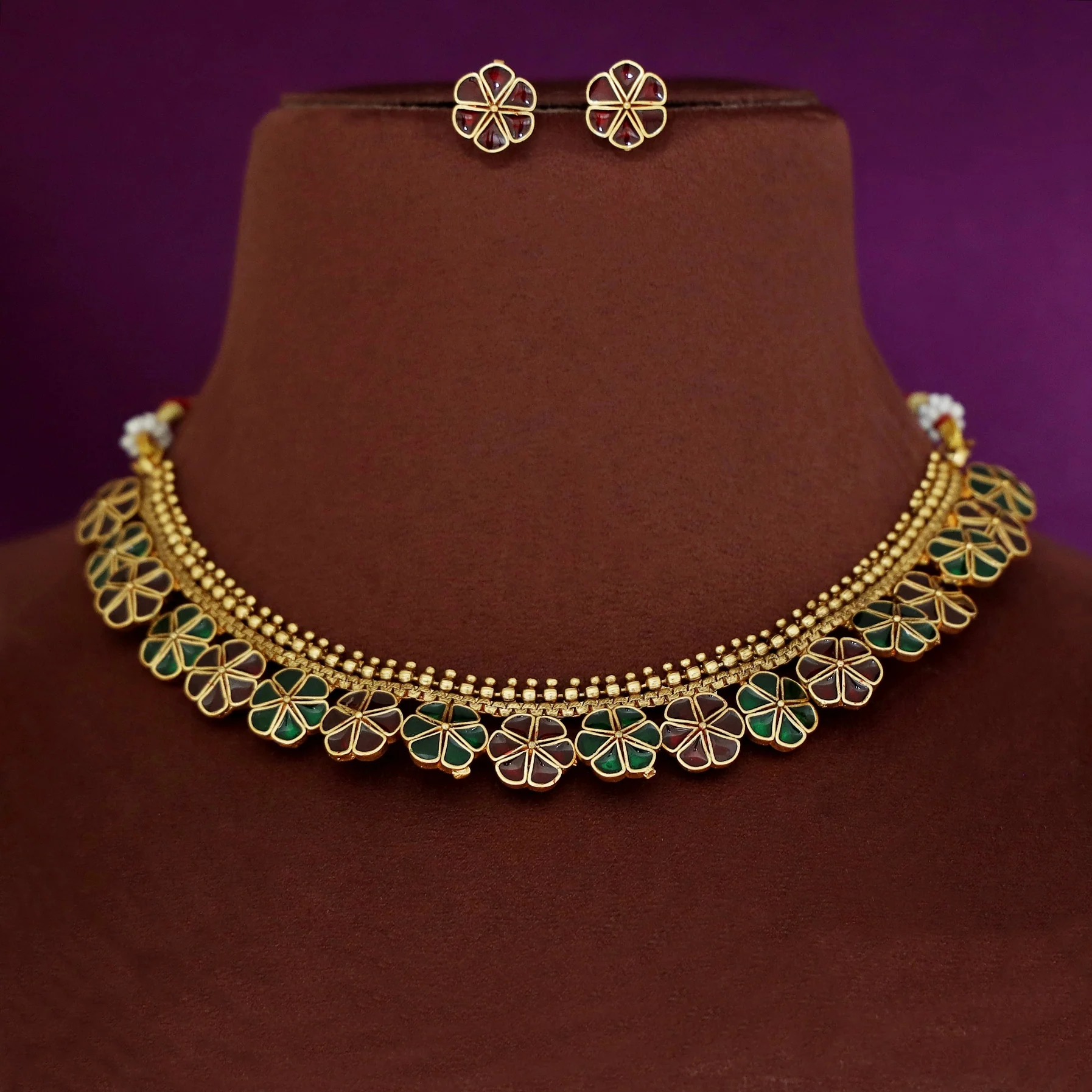 Tanima Golden Enamel Flower Short Neckpiece With Earring - Image 6