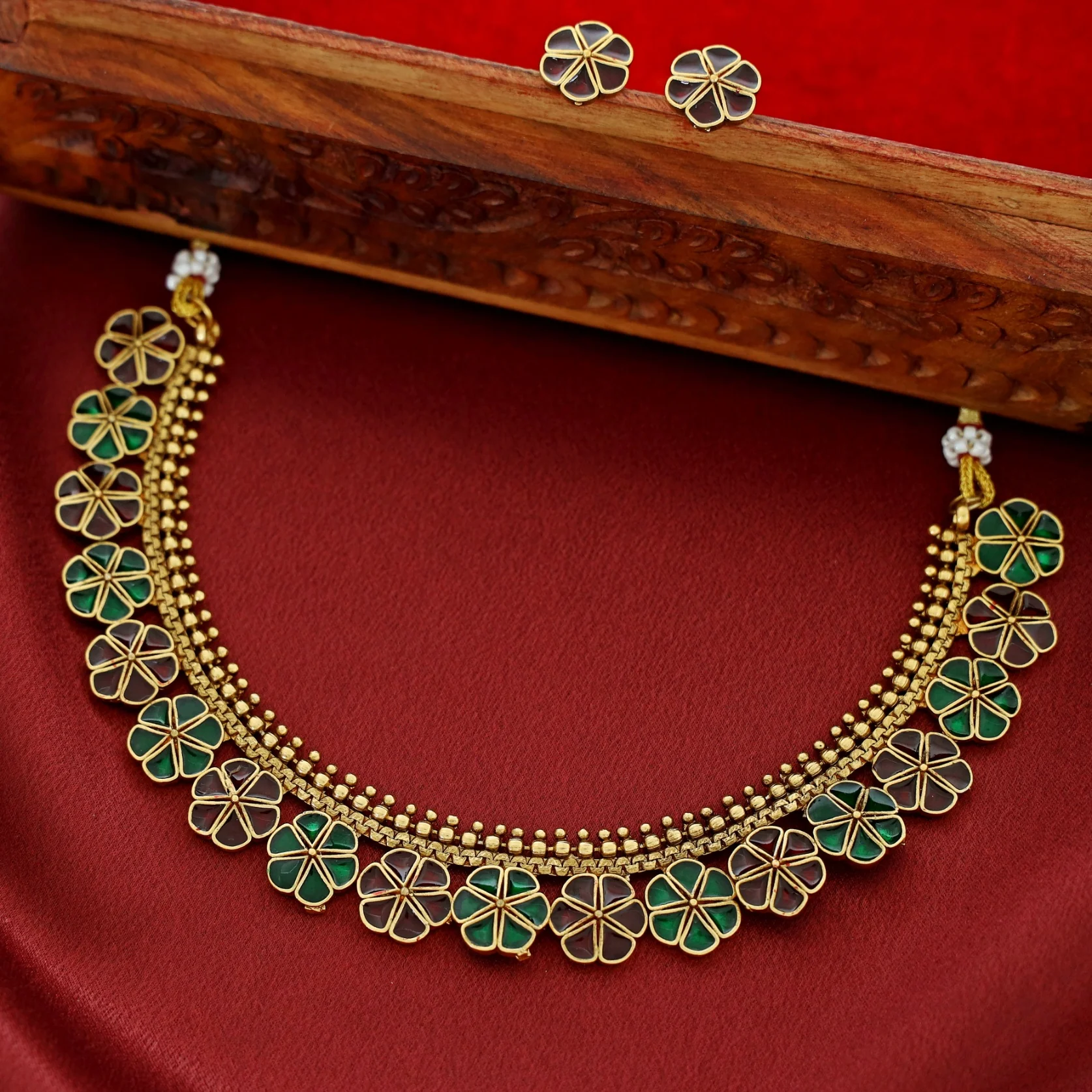 Tanima Golden Enamel Flower Short Neckpiece With Earring - Image 7