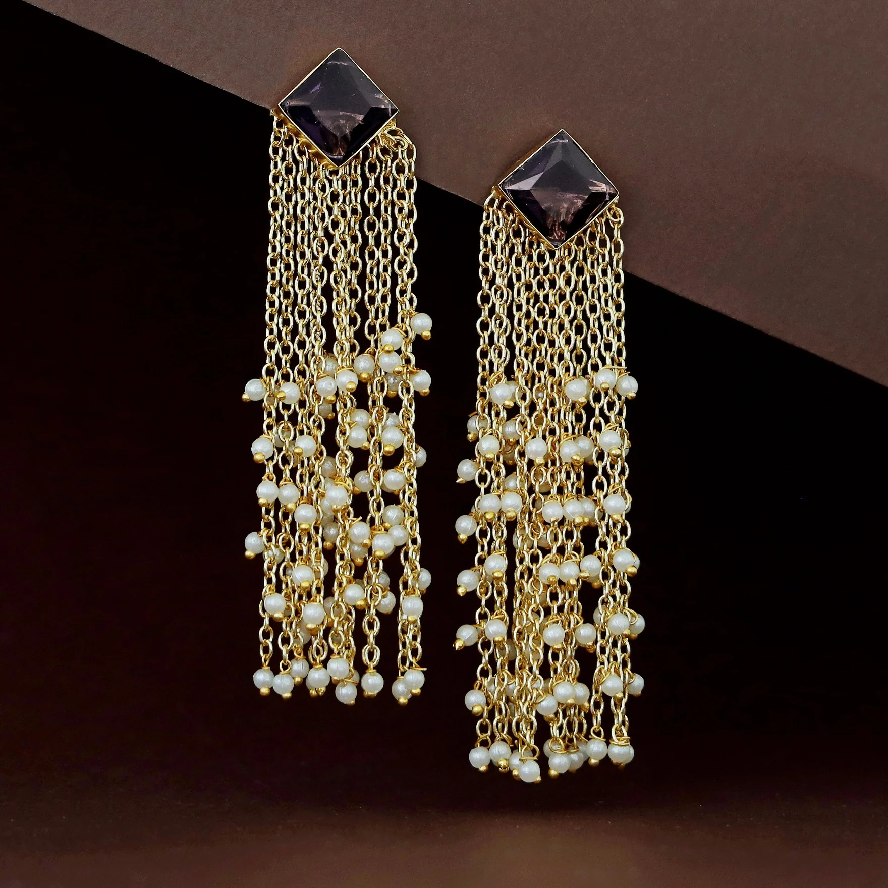 Tassel Pearl Glossy Stone Earring - Image 4