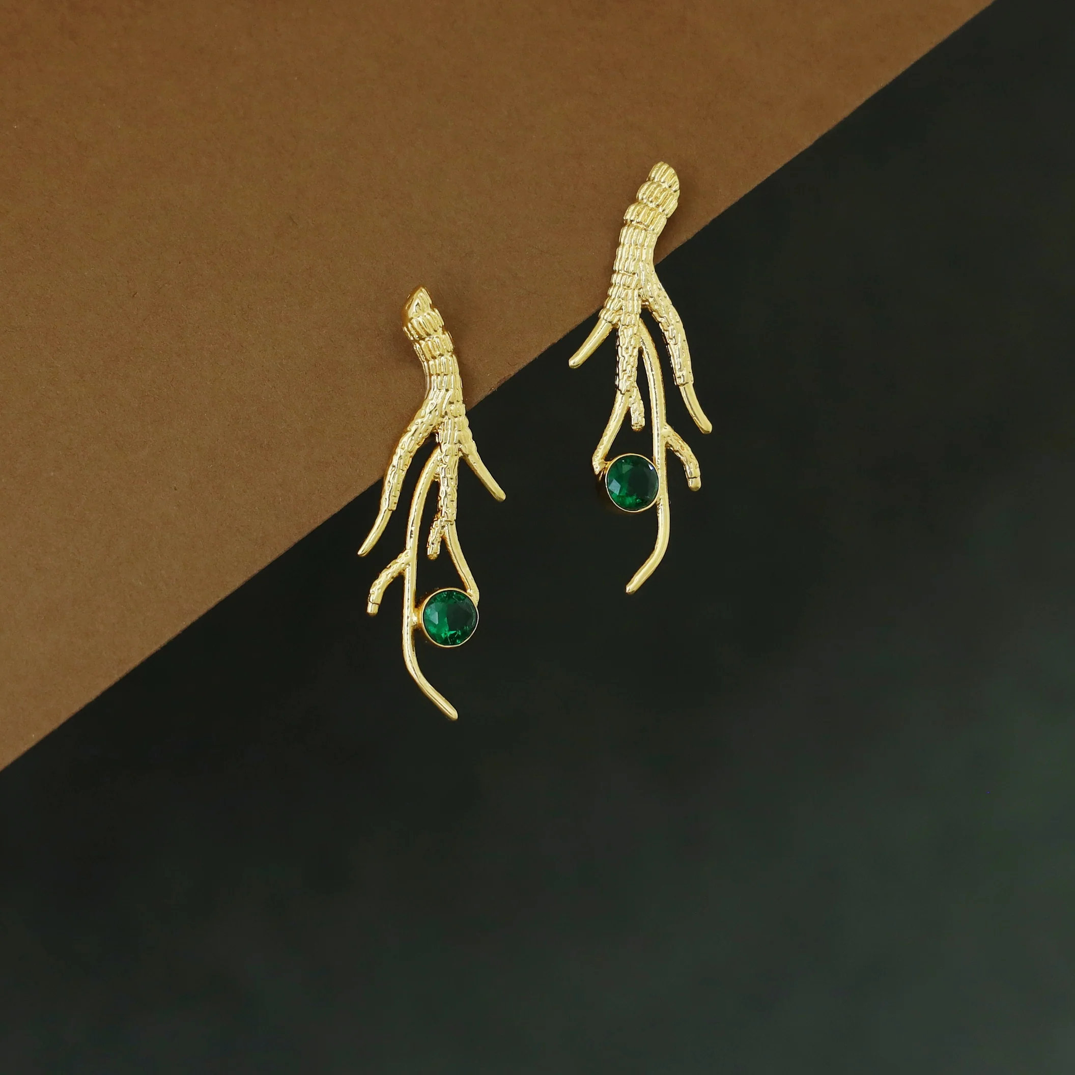 Textured Golden Branch Glossy Stone Earring - Image 2