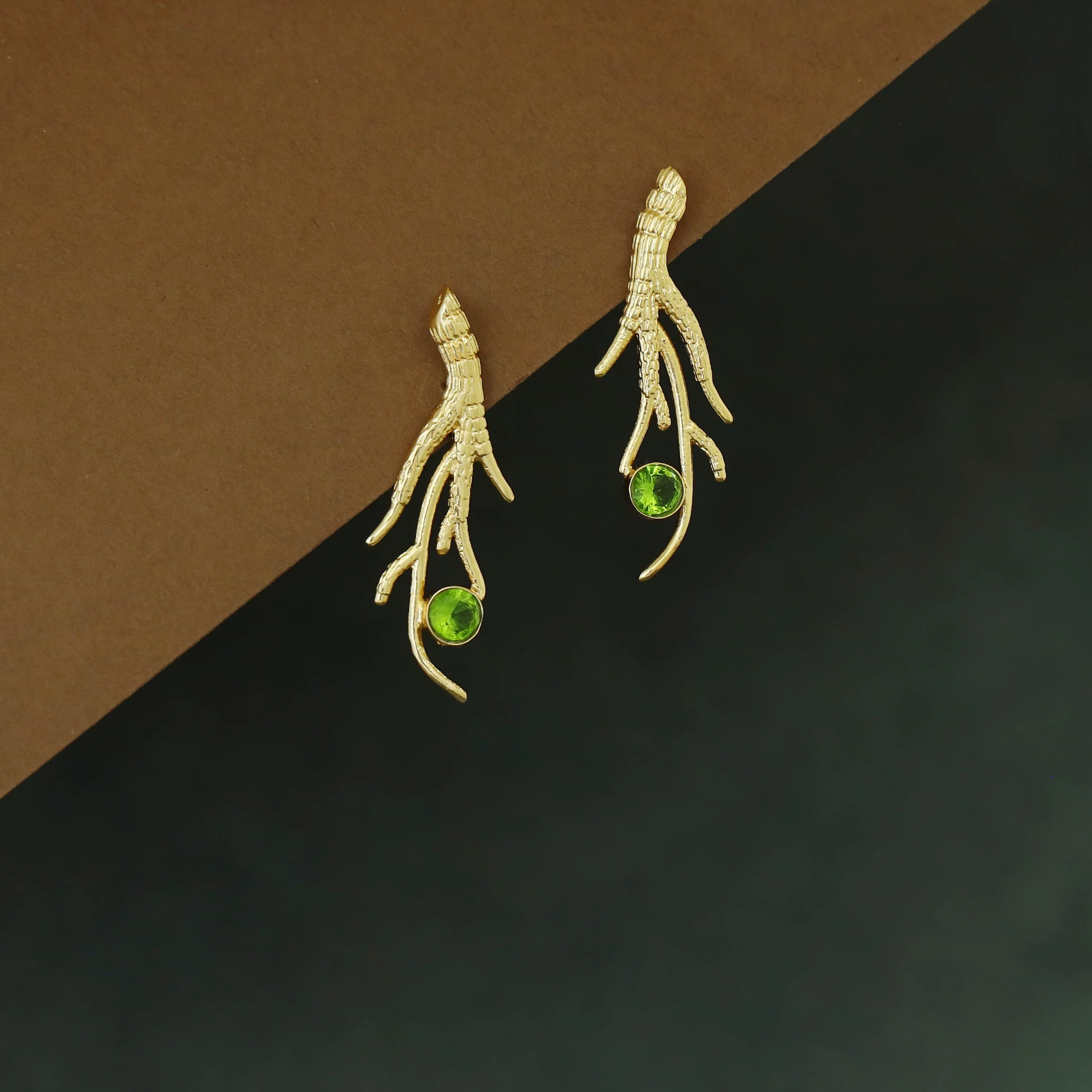Textured Golden Branch Glossy Stone Earring - Image 3