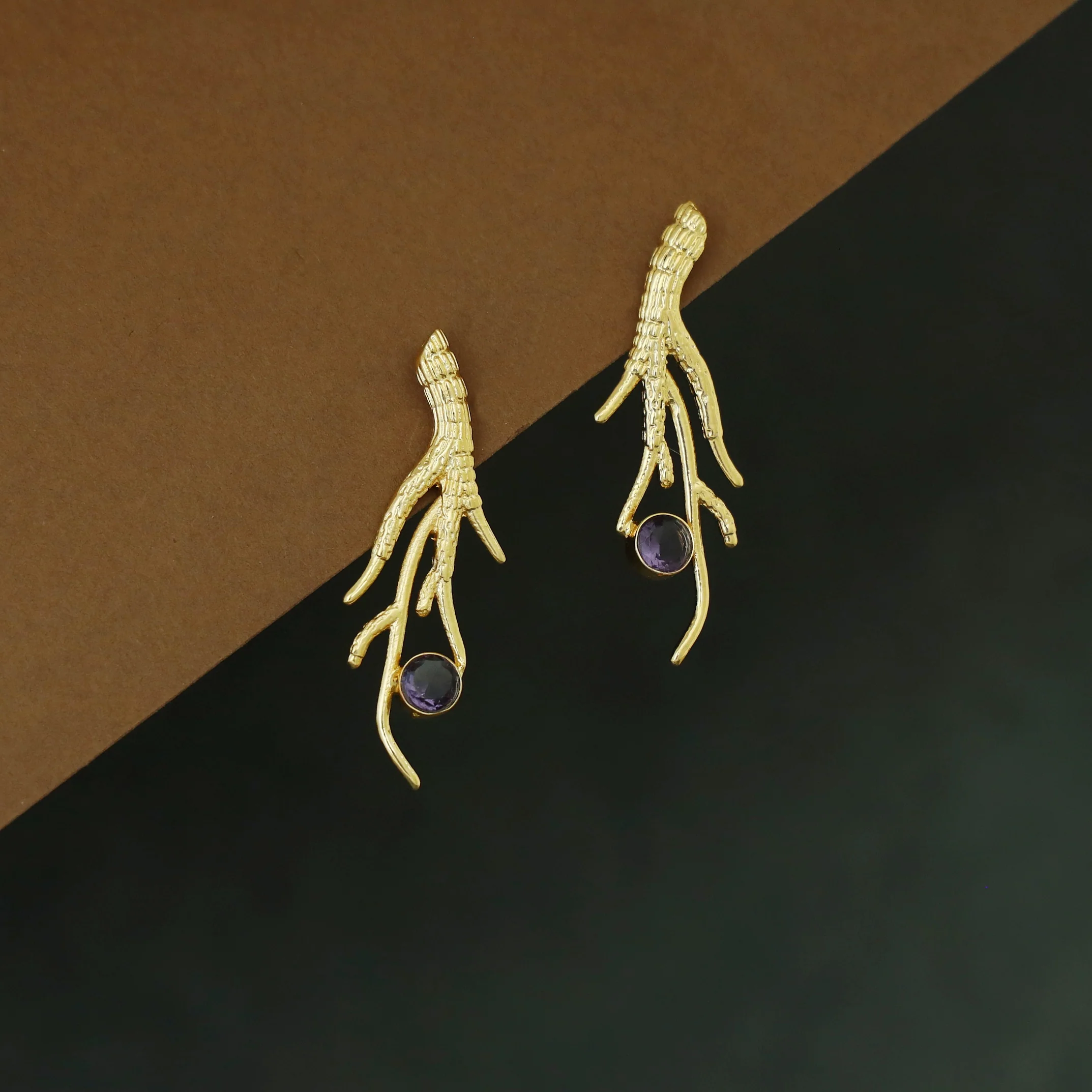 Textured Golden Branch Glossy Stone Earring - Image 4