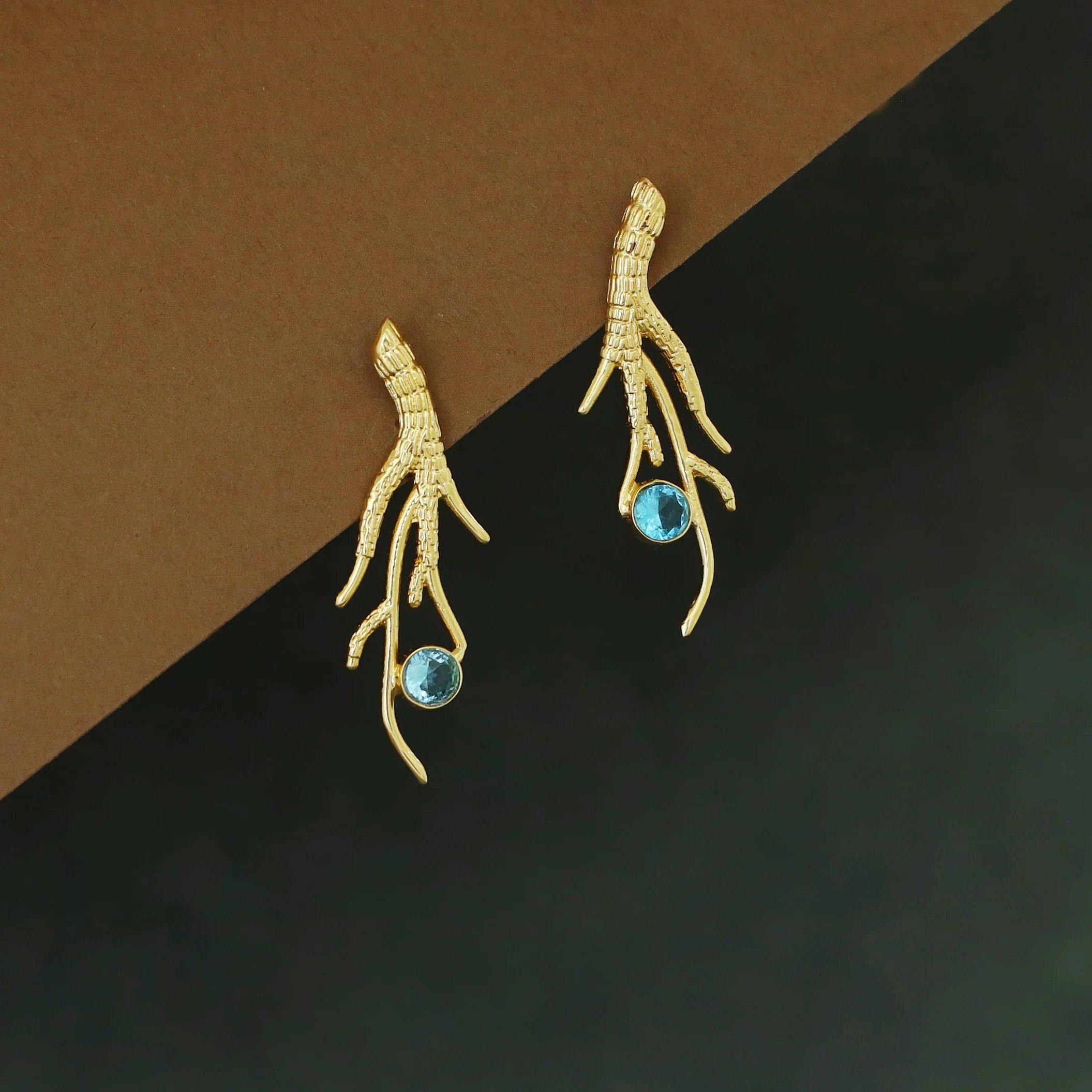 Textured Golden Branch Glossy Stone Earring - Image 5