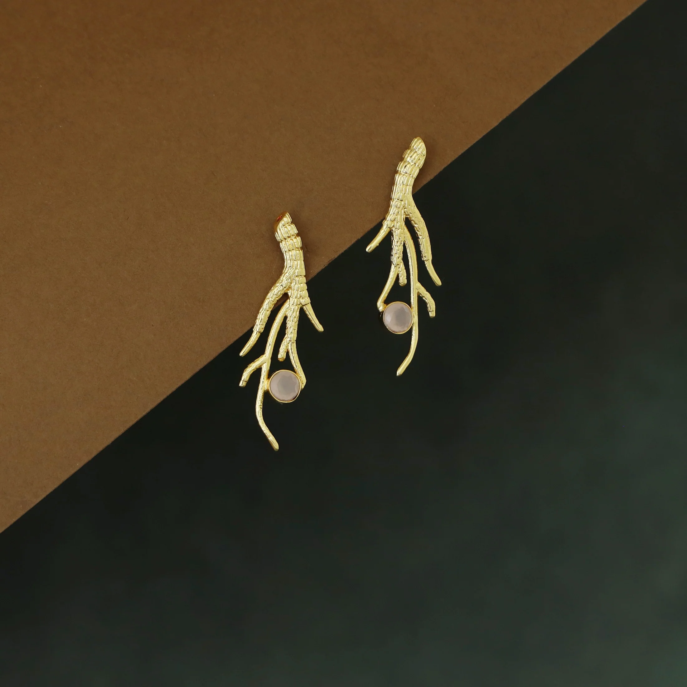 Textured Golden Branch Glossy Stone Earring - Image 6