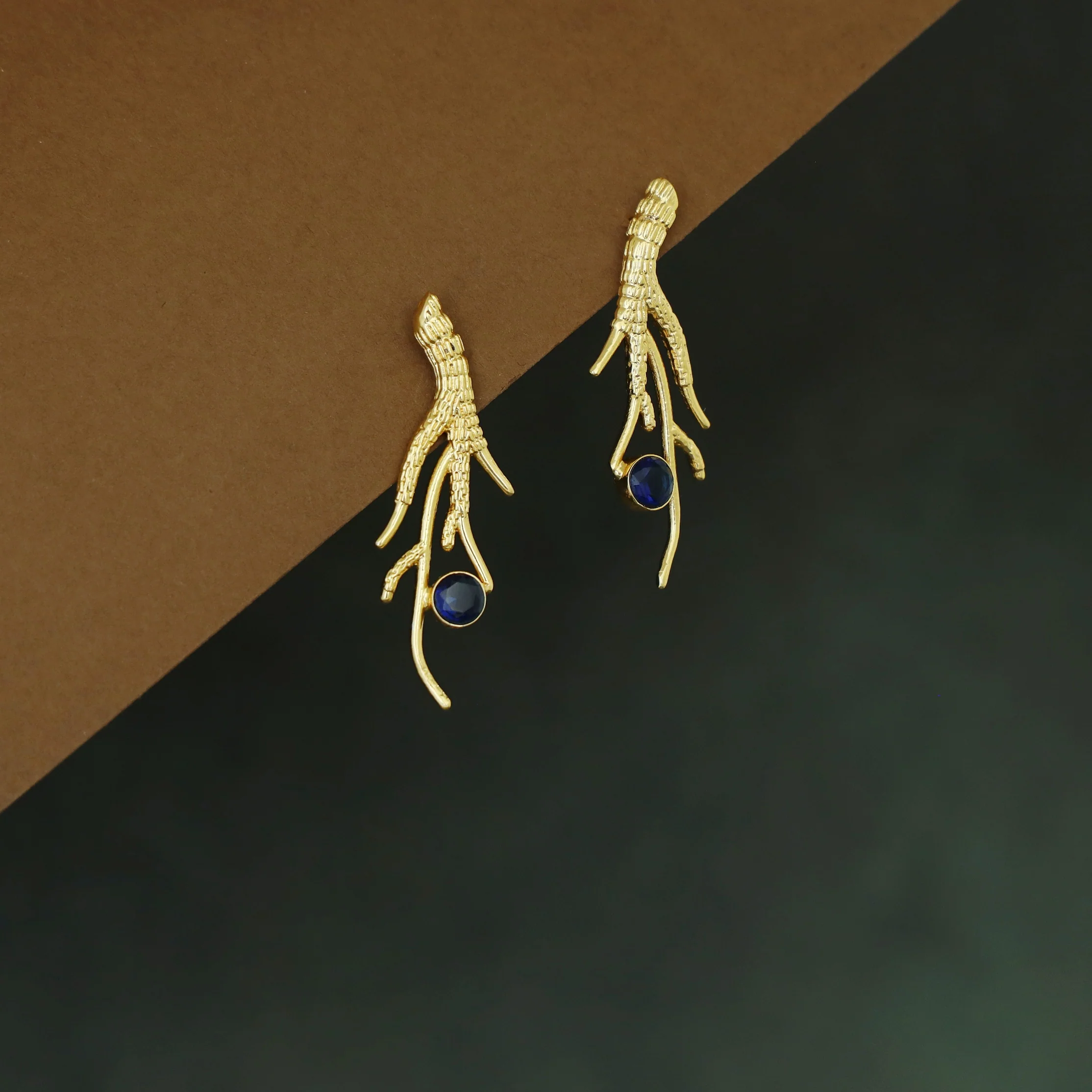 Textured Golden Branch Glossy Stone Earring - Image 7