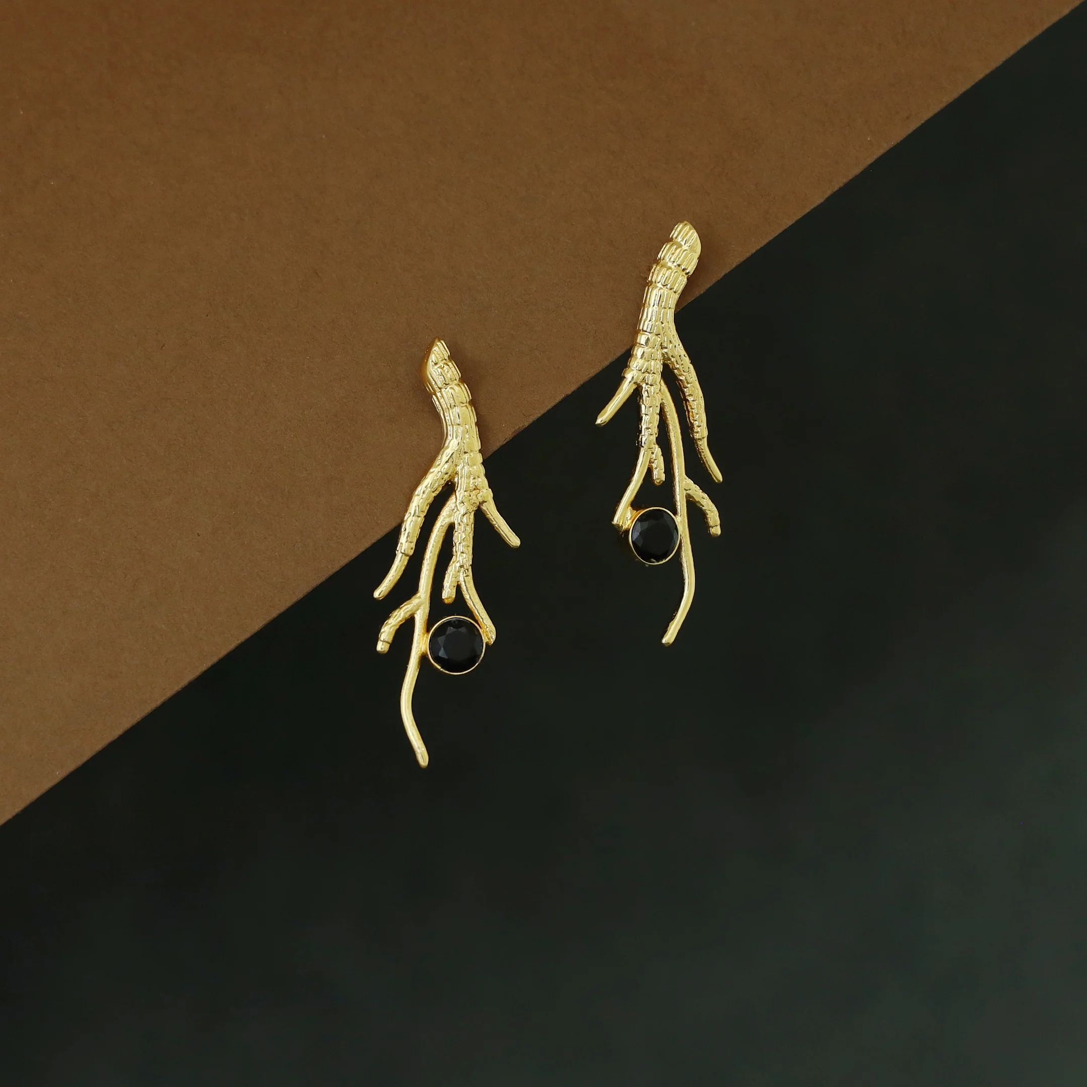 Textured Golden Branch Glossy Stone Earring - Image 8