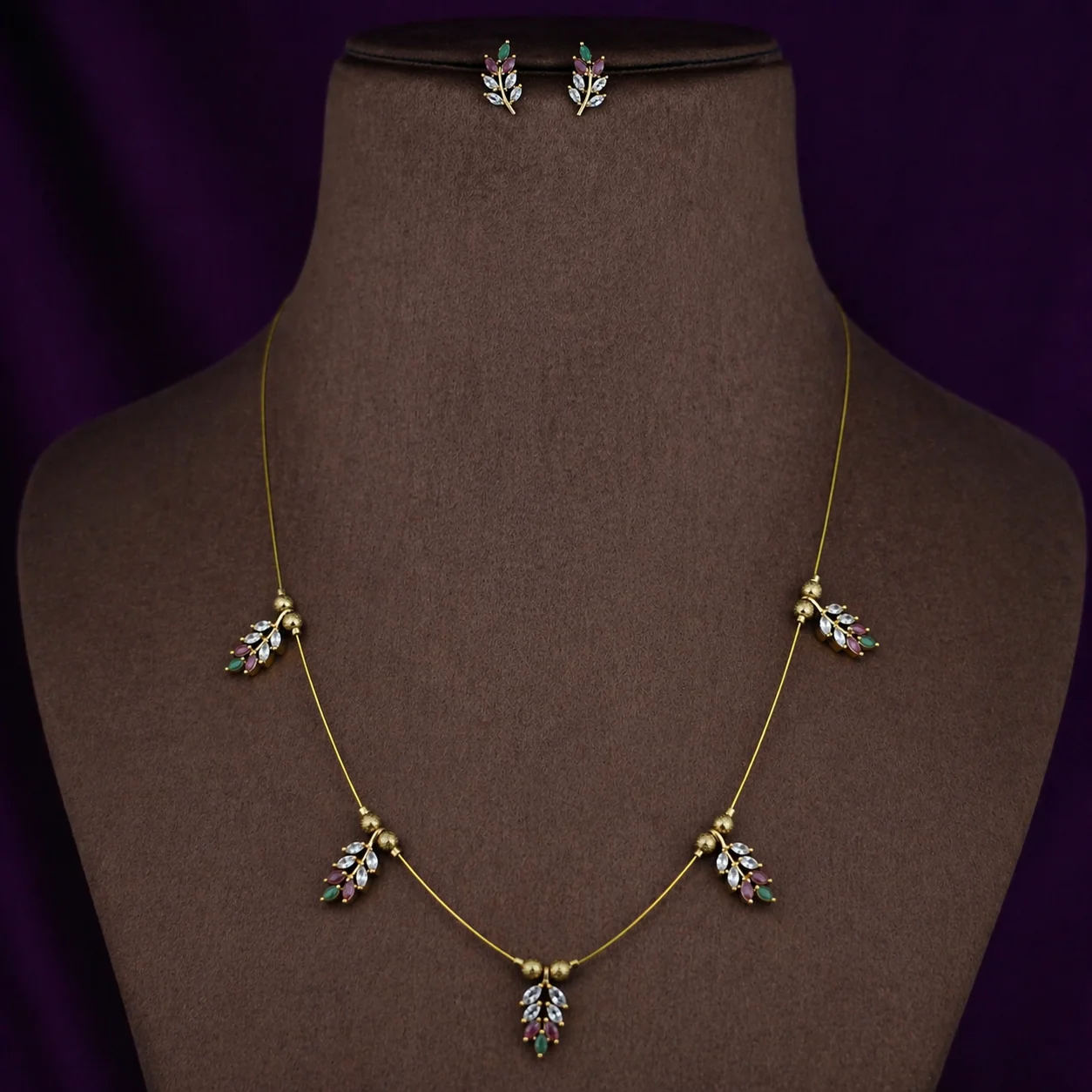 Thara Leafy Golden Ball Long String Neckpiece With Earring - Image 2