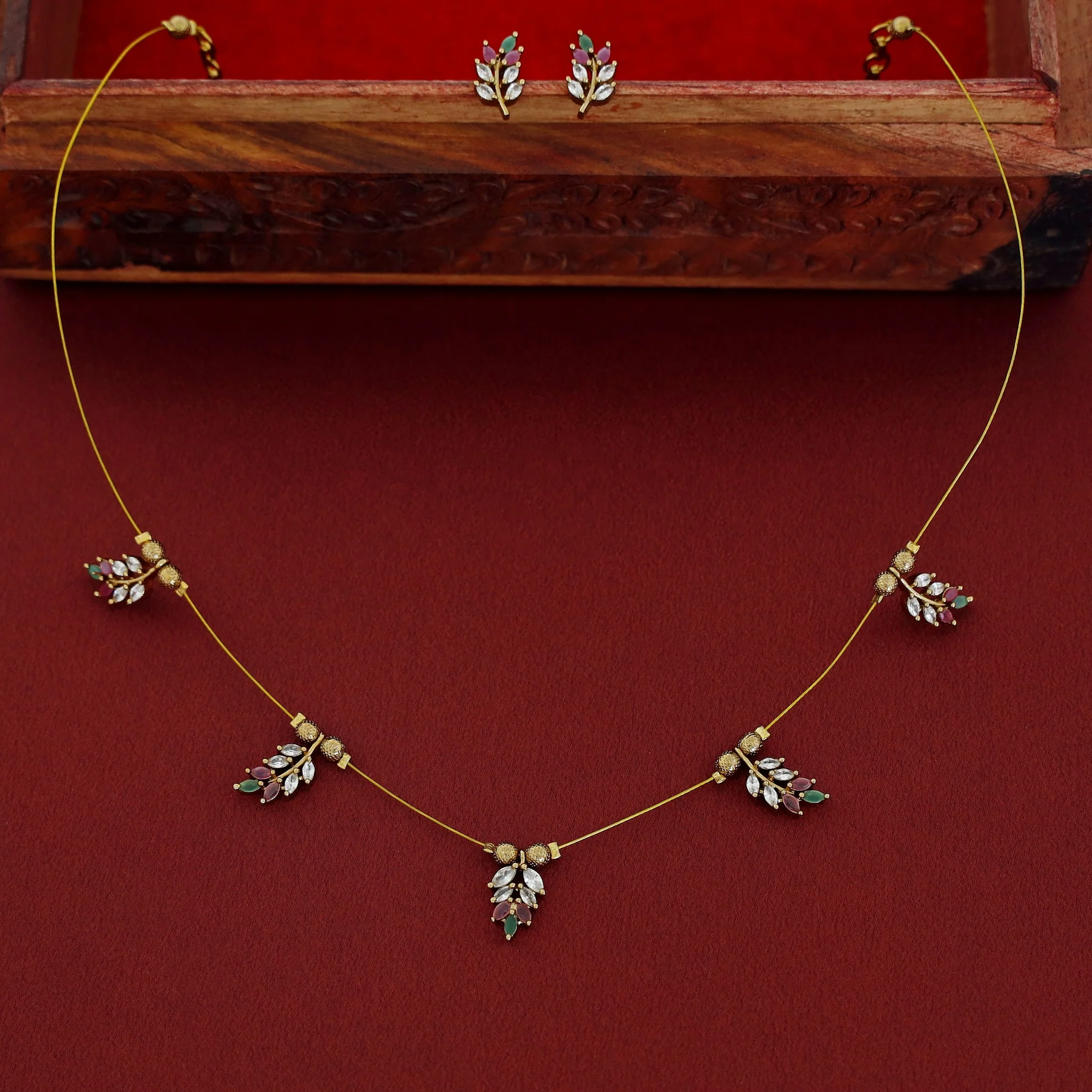Thara Leafy Golden Ball Long String Neckpiece With Earring - Image 3