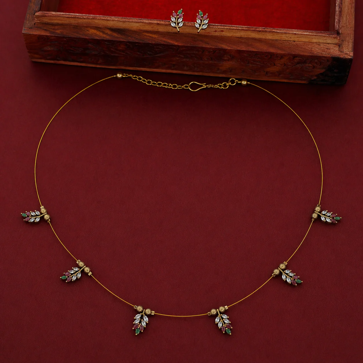 Thara Leafy Golden Ball Long String Neckpiece With Earring - Image 4