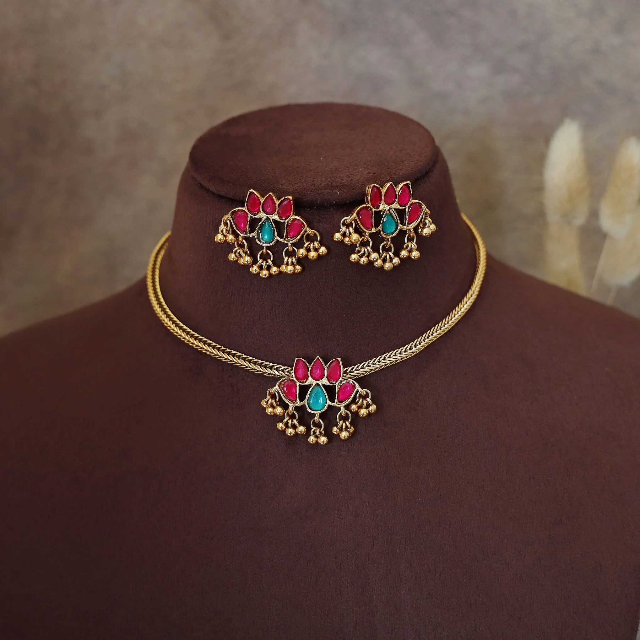 Thiarika Lotus Golden Ball + Cluster Pearl Short Neckpiece / Choker With Stud - Image 2
