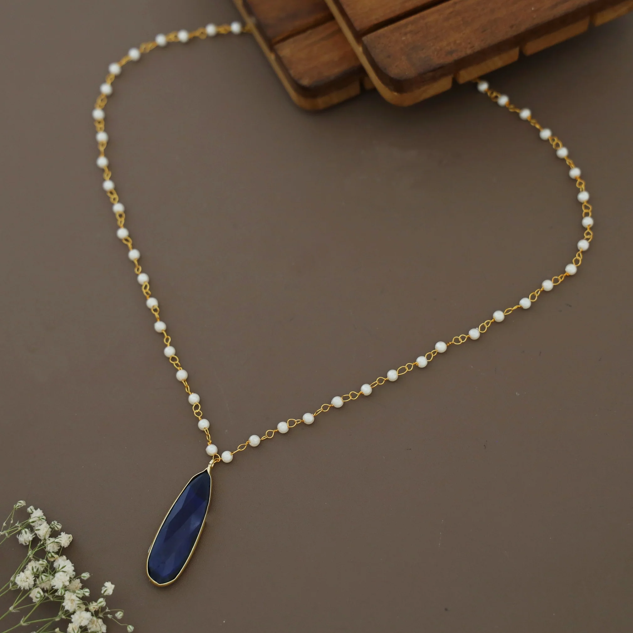 Tiana Carly Pearl Long Drop Glossy Stone Neckpiece - Image 3