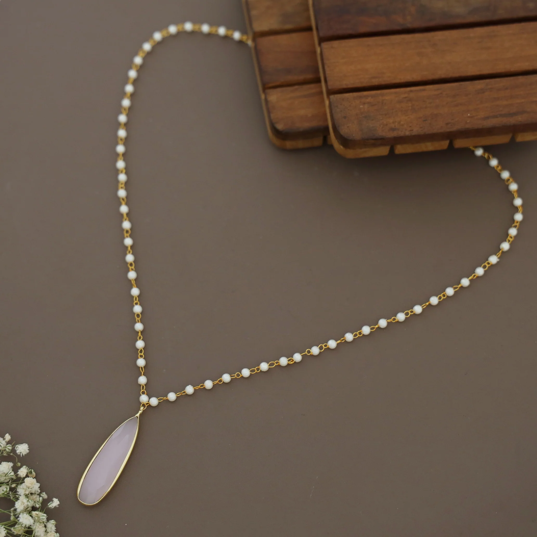 Tiana Carly Pearl Long Drop Glossy Stone Neckpiece - Image 4