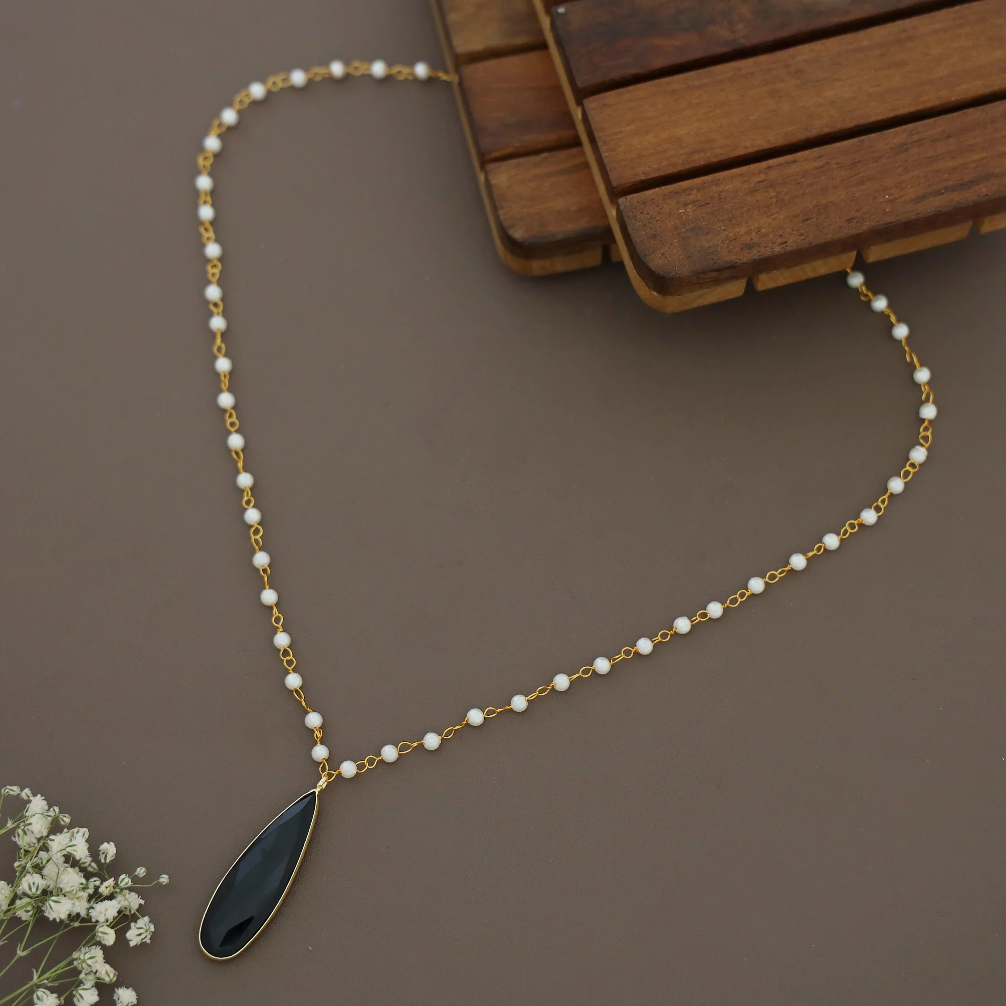 Tiana Carly Pearl Long Drop Glossy Stone Neckpiece - Image 5